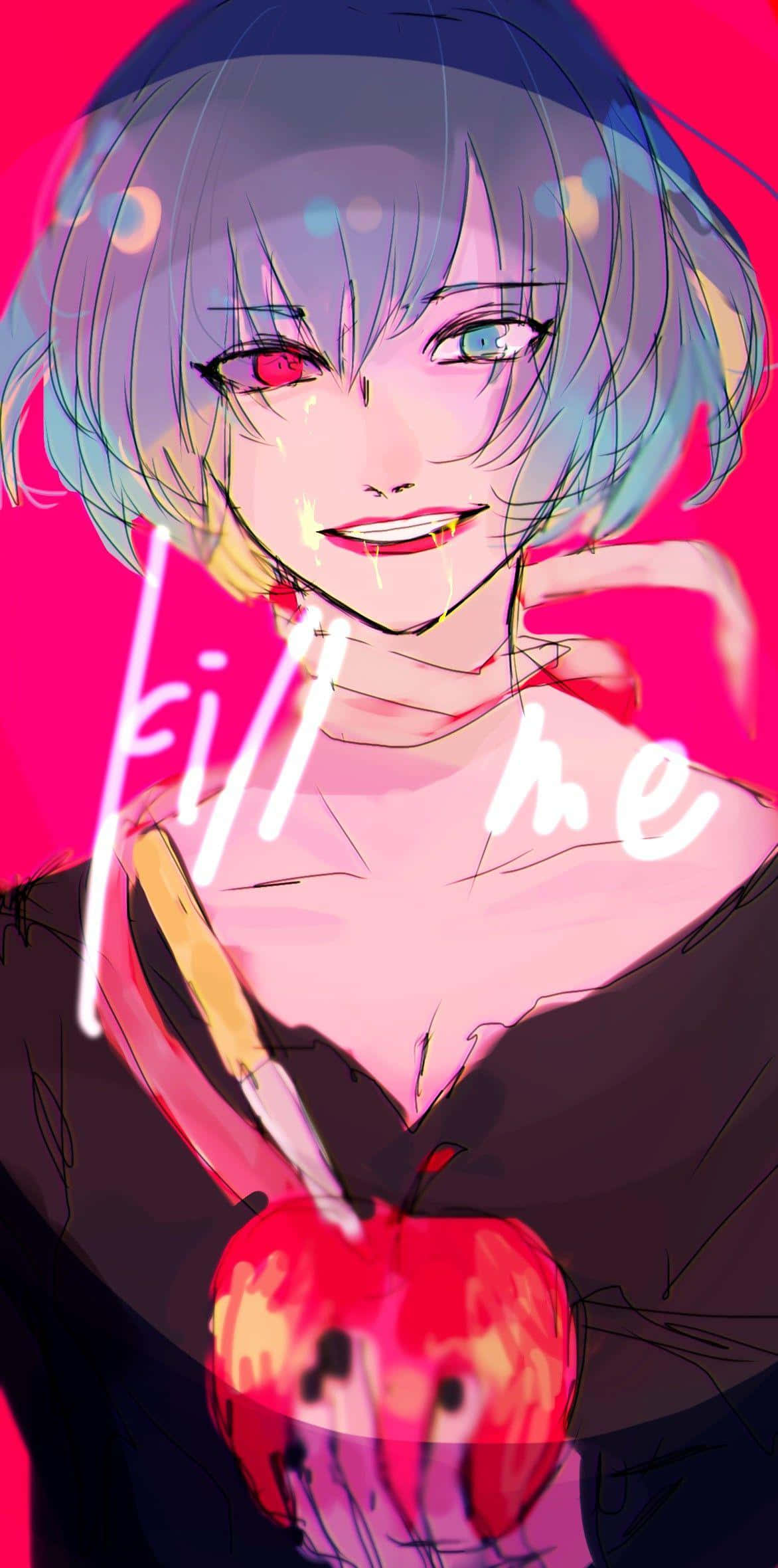 Eto Yoshimura 桌布 壁紙 — 一個風格化的動漫女孩，擁有異色瞳，在充滿活力的粉紅色背景上，拿著一個被刀刺穿的帶血蘋果。