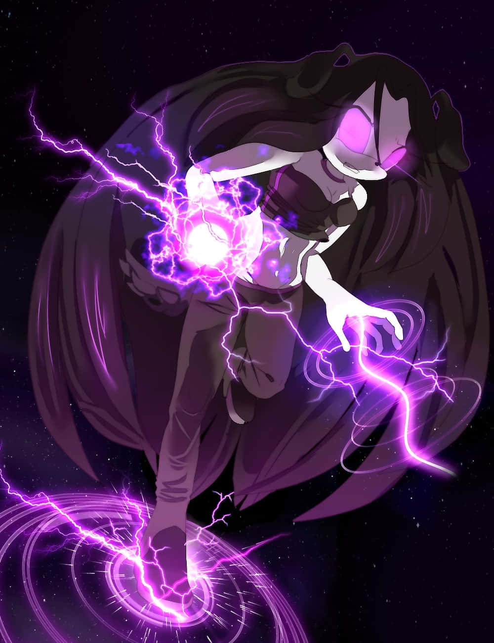 Dark Power 桌布 壁紙 — 一個風格化的動漫女孩，擁有發光的紫色眼睛，在宇宙星空中引導噼啪作響的閃電能量。