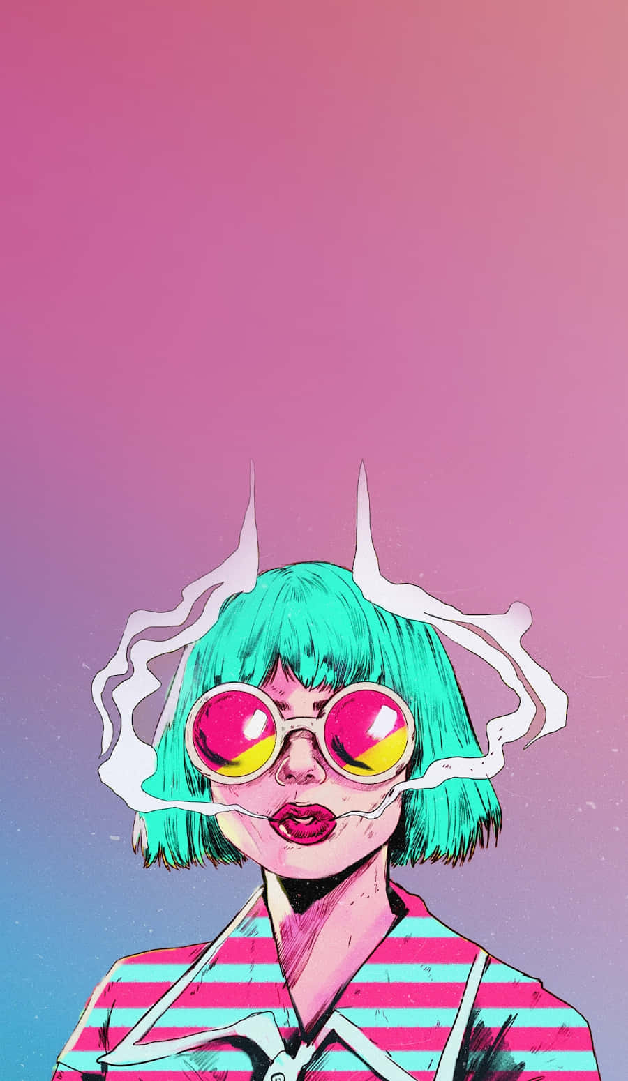 Psychedelic Grunge 桌布 壁紙 — 一個風格化的動漫女孩，擁有綠松石色頭髮和超大粉色太陽眼鏡，在粉藍漸變背景中吐煙。