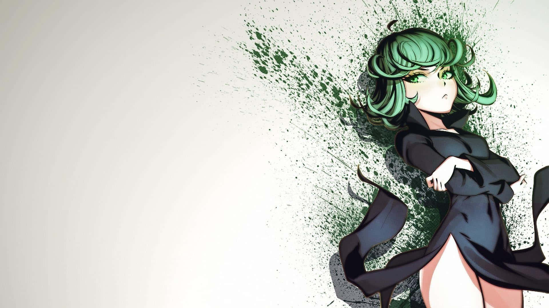 One Punch Man Season 2 桌布 壁紙 — 一個風格化的動漫女孩，擁有綠色頭髮和眼睛，自信地站在帶有綠色油漆飛濺的白色背景前。