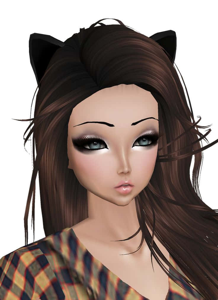 imvu 桌布 壁紙 — 一個風格化的動漫女孩，擁有貓耳朵和長長的棕色頭髮，在純白色背景前穿著格子襯衫。