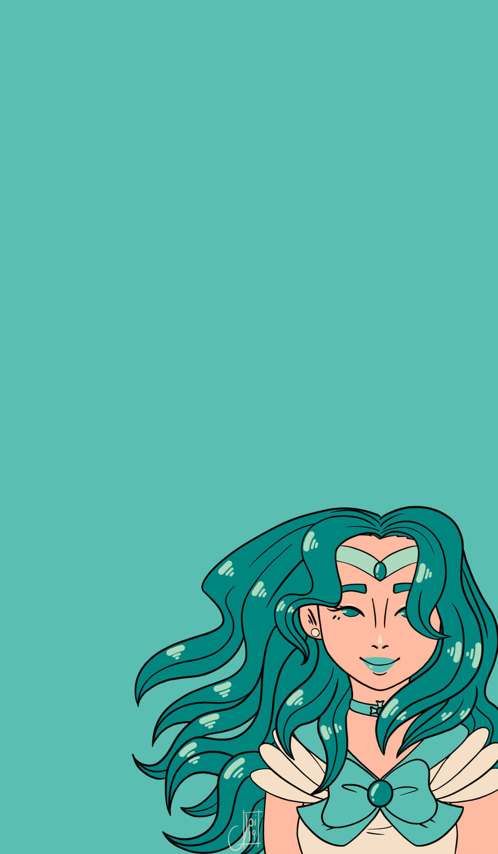 sailor neptune 桌布 壁紙 — 一個風格化的動漫女孩，擁有飄逸的青綠色頭髮和相配的服裝，出現在純青綠色背景的右下角。