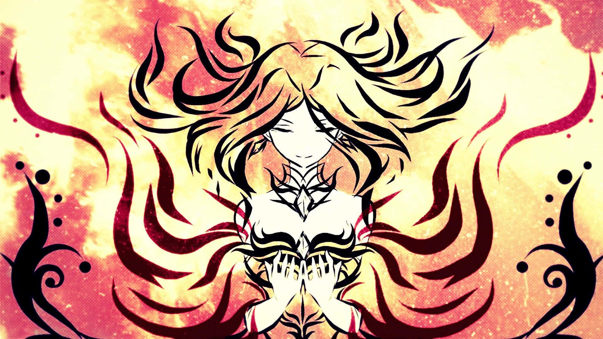 Dota 2 Lina 桌布 壁紙 — 一個風格化的動漫女孩，擁有飄逸的金色長髮和深色標記，站在紋理背景前旋轉的紅色和黃色火焰中。