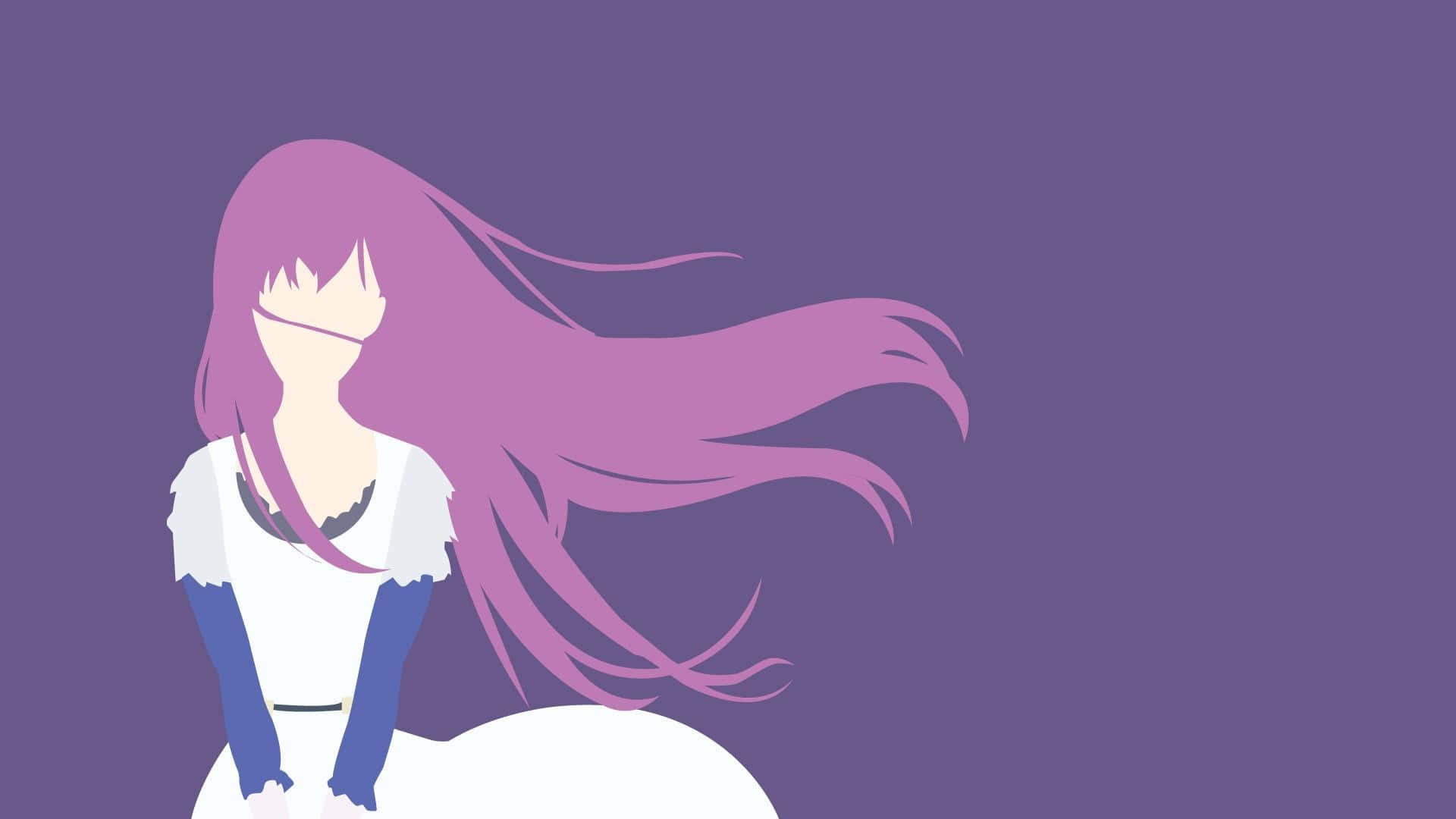 Rize Kamishiro 桌布 壁紙 — 一個風格化的動漫女孩，擁有飄逸的紫色頭髮和白色連衣裙，站在純紫色背景前。