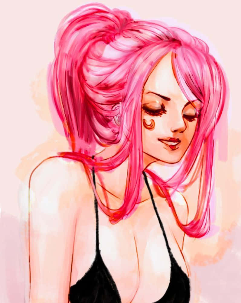 Jewelry Bonney 桌布 壁紙 — 一個風格化的動漫女孩，擁有鮮豔的粉紅色頭髮和閉上的眼睛，穿著黑色上衣，背景是柔和的粉彩。