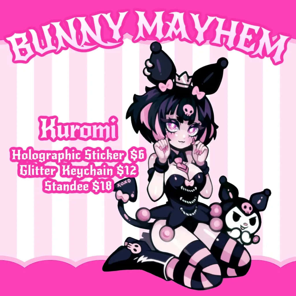 Kuromi Fanart 桌布 壁紙 — 一個風格化的動漫女孩，擁有黑色和粉紅色的頭髮和兔耳，在粉紅和白色條紋背景前與Kuromi毛絨玩具擺姿勢。