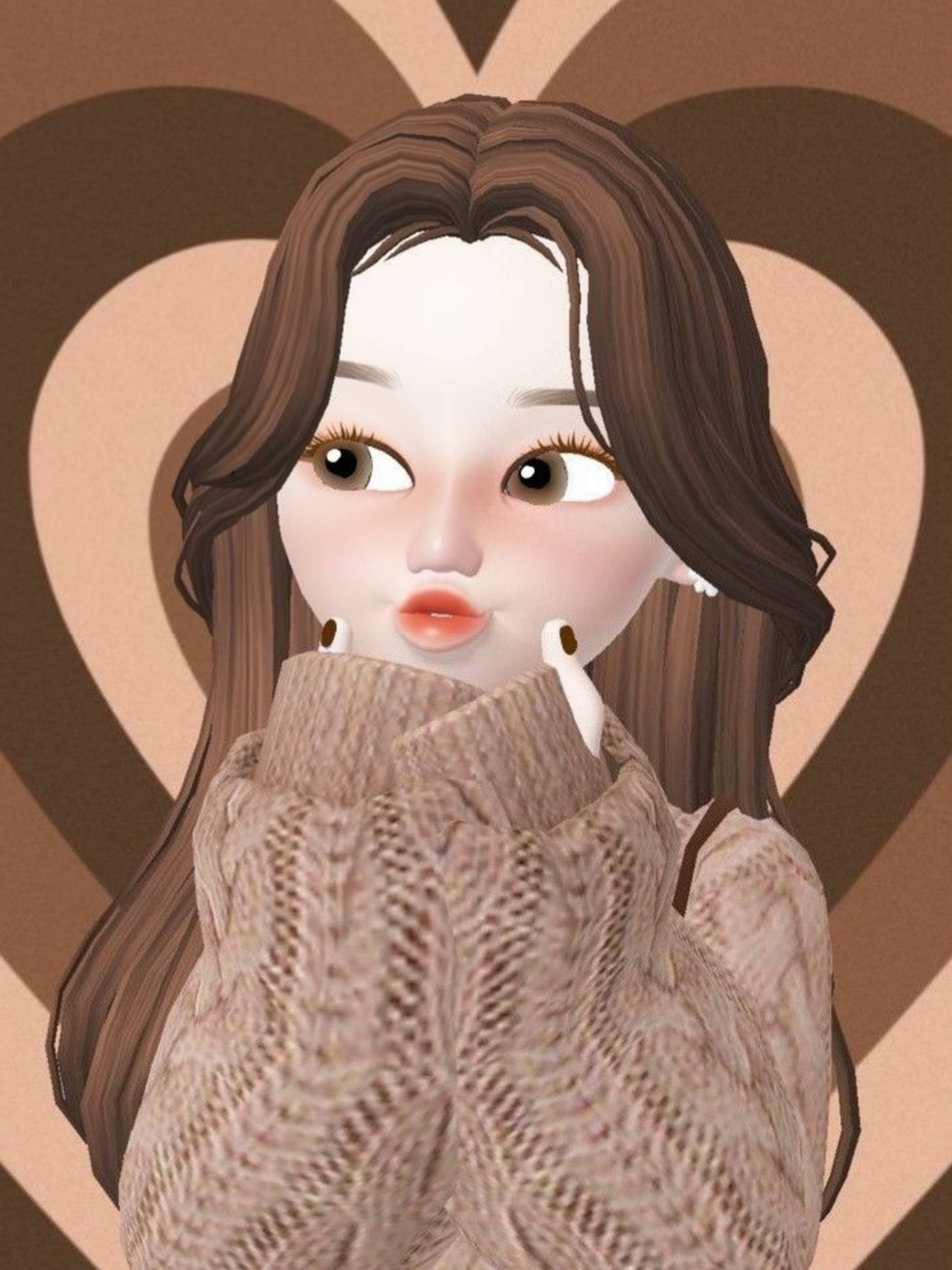 Cute Girl 桌布 壁紙 — 一個風格化的動漫女孩，棕色頭髮和大眼睛，穿著米色針織毛衣，背景是暖色調重疊的心形。
