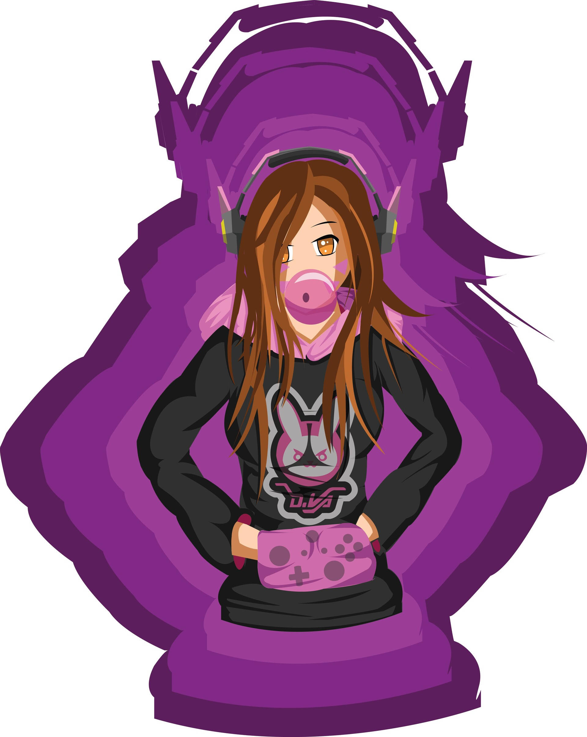 Gamer Logo 桌布 壁紙 — 一個風格化的動漫女孩，棕色頭髮和粉紅色泡泡糖，戴著耳機，在紫色抽象背景前拿著粉紅色遊戲控制器。