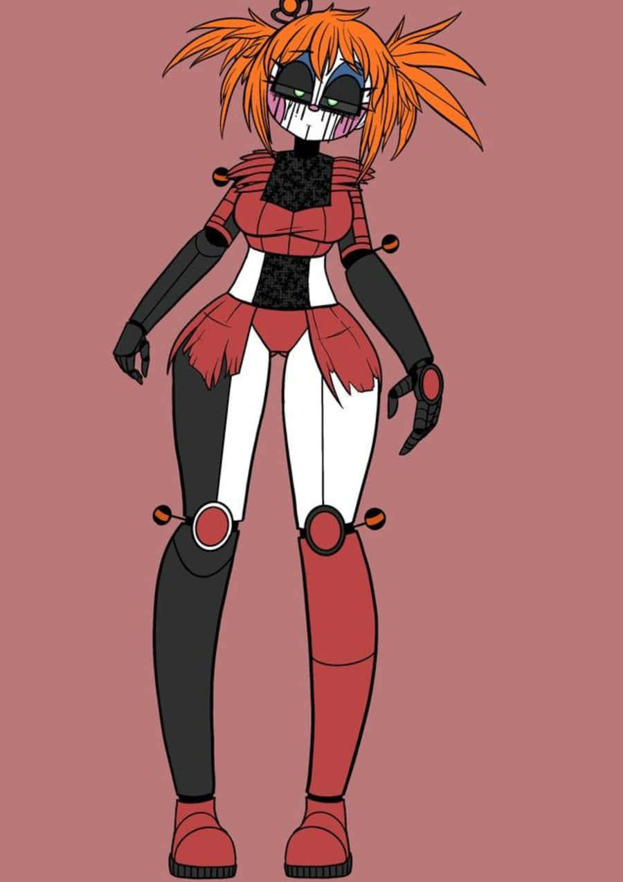 Scrap Baby 桌布 壁紙 — 一個風格化的動漫女孩，橙色雙馬尾，身穿紅黑裝甲服，站在柔和的粉紅色背景前。