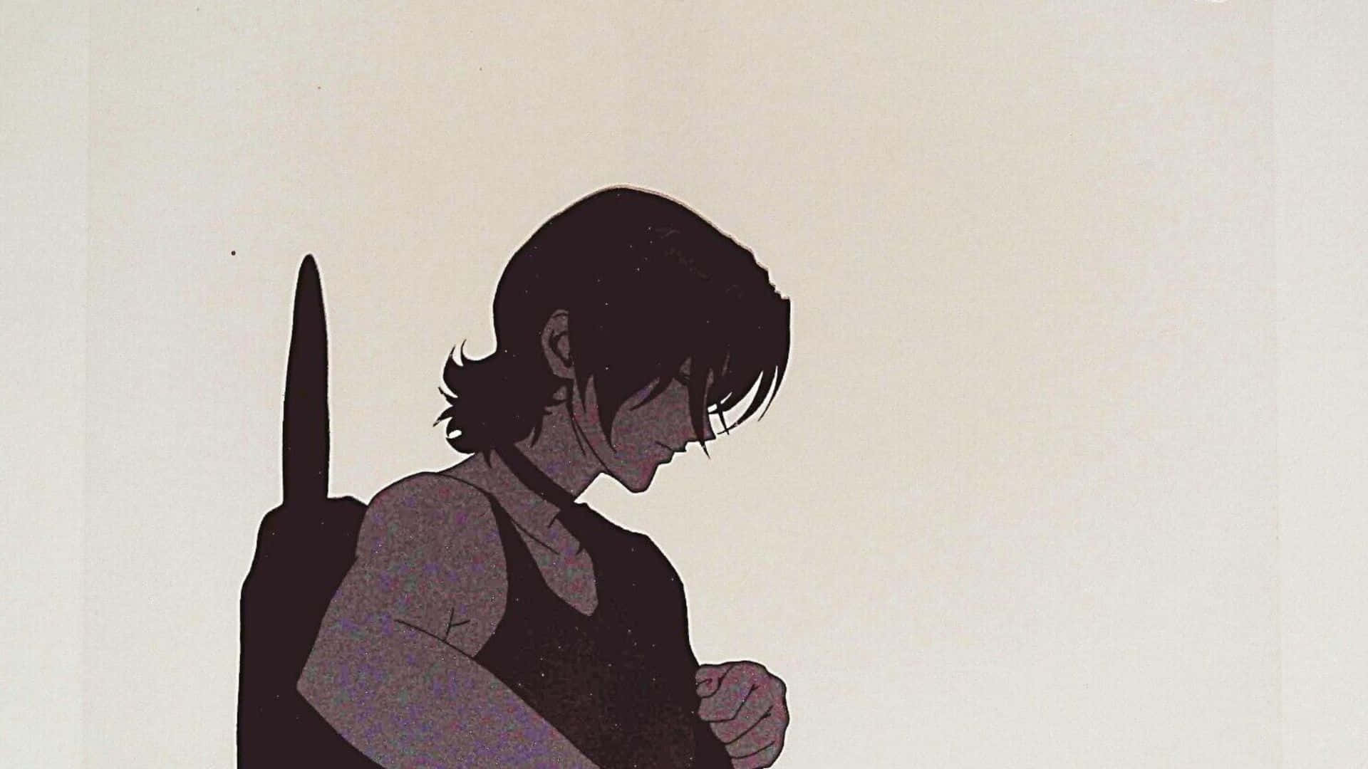 Cowboy Bebop Electra 桌布 壁紙 — 一個風格化的動漫女孩，深色頭髮，背上有一把刀，側面站在純米白色背景前。