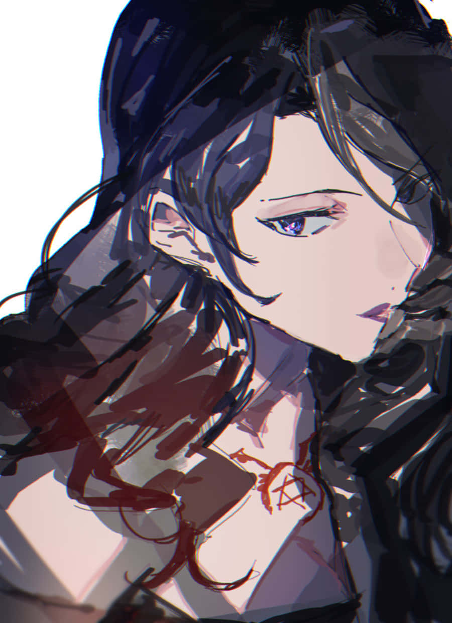 Fullmetal Alchemist Lust 桌布 壁紙 — 一個風格化的動漫女孩，深色頭髮和紫色眼睛，低頭凝視，脖子上戴著一條紅色五角星項鍊。
