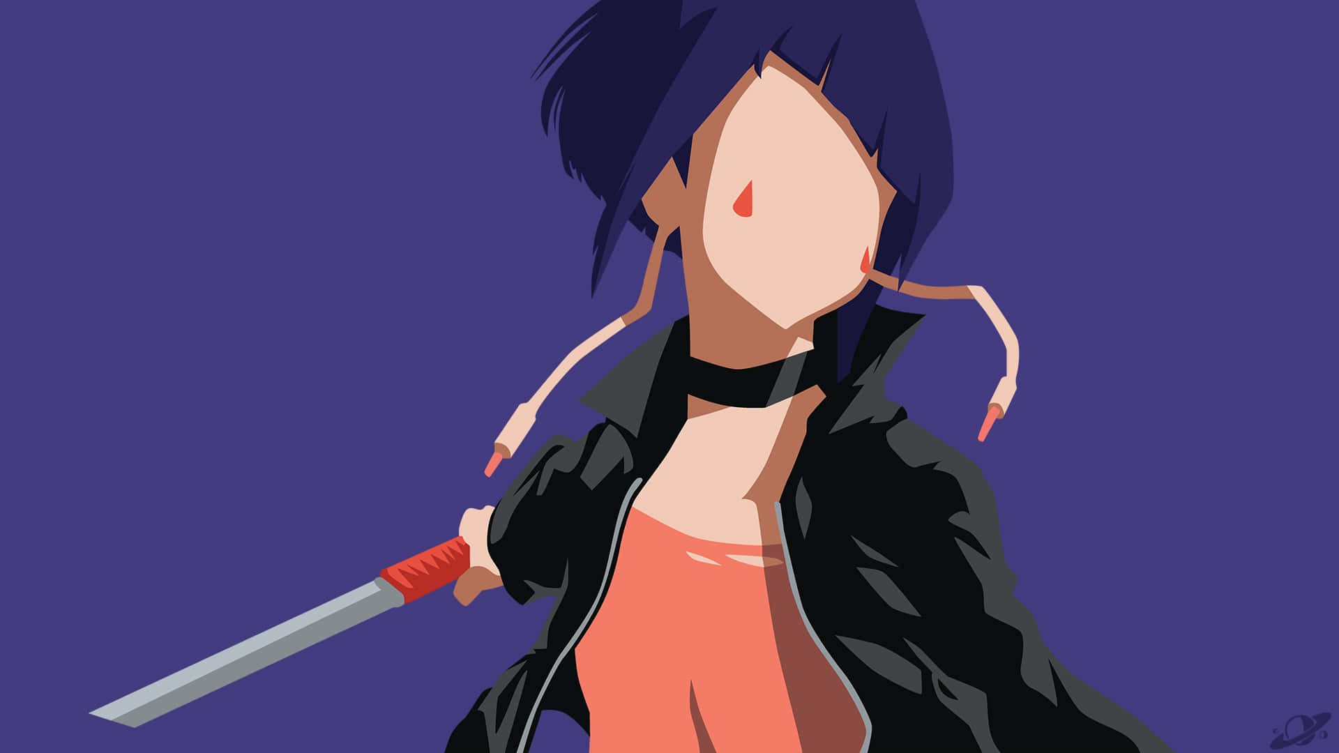 Kyoka Jiro 桌布 壁紙 — 一個風格化的動漫女孩，深色頭髮和紅色指甲油，在純紫色背景前持劍。