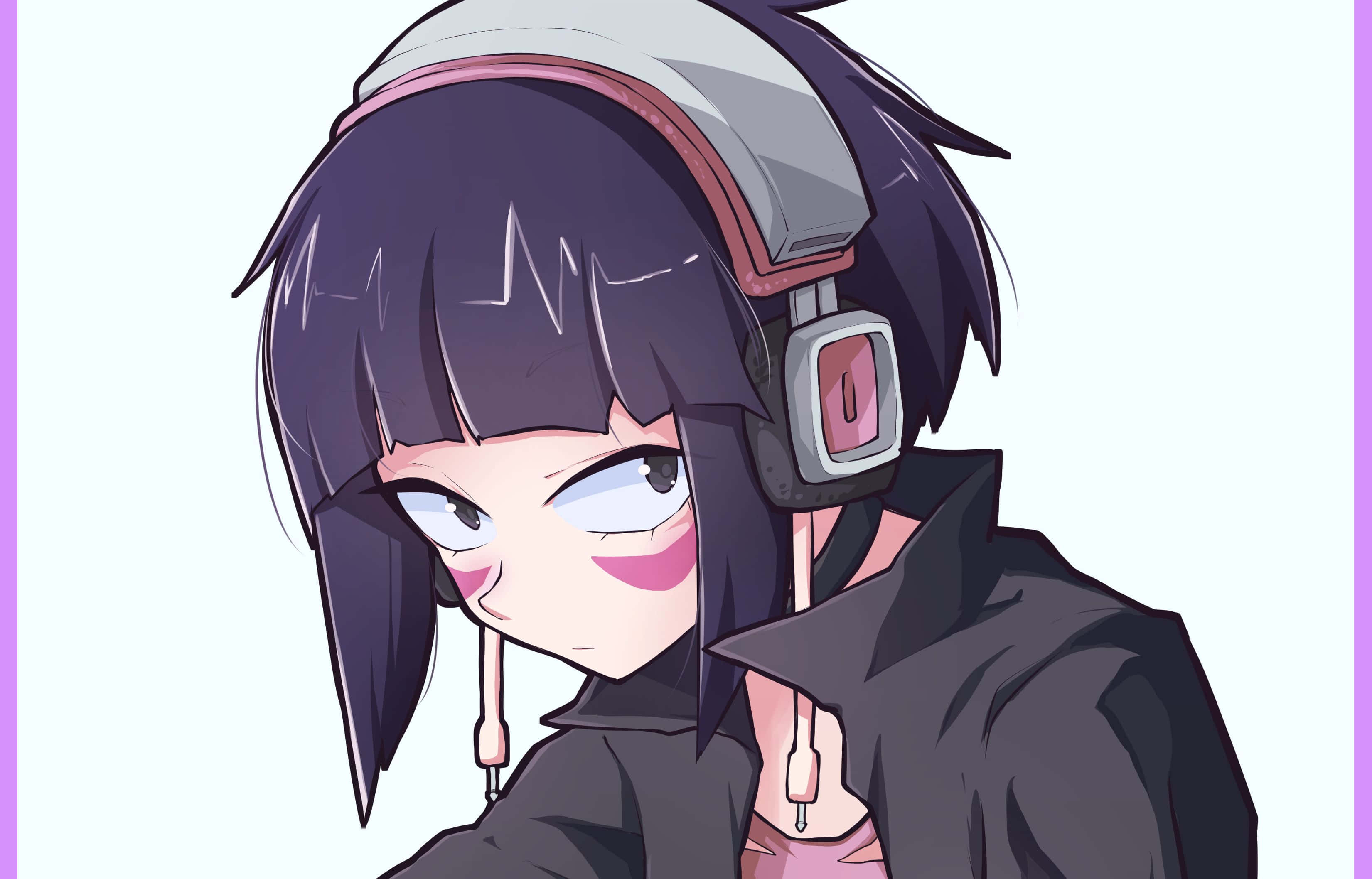 Kyoka Jiro 桌布 壁紙 — 一個風格化的動漫女孩，深色頭髮戴著耳機，在柔和的薰衣草背景上頑皮地微笑。