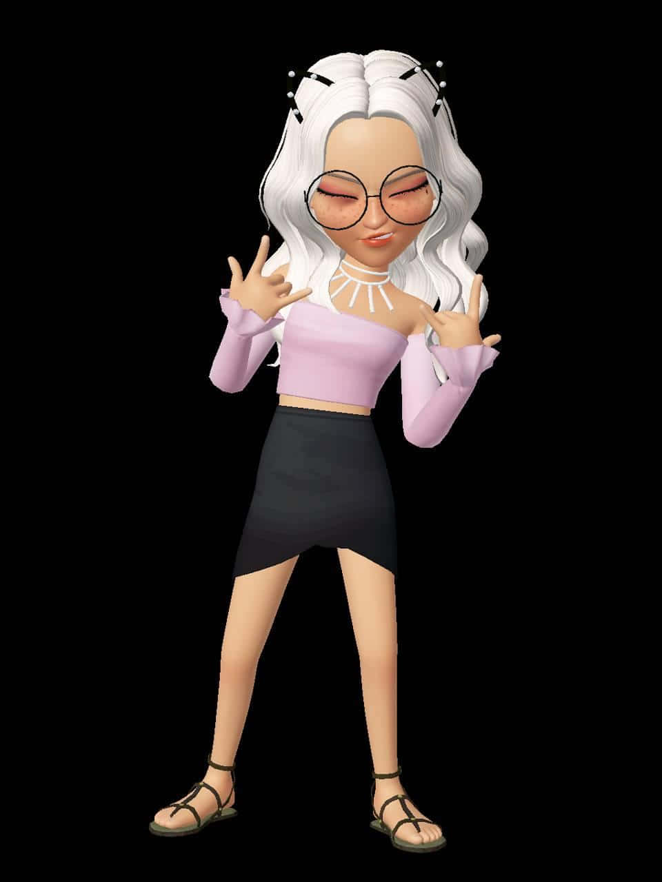 Zepeto 桌布 壁紙 — 一個風格化的動漫女孩，白色頭髮和眼鏡，在黑色背景上做出和平手勢。