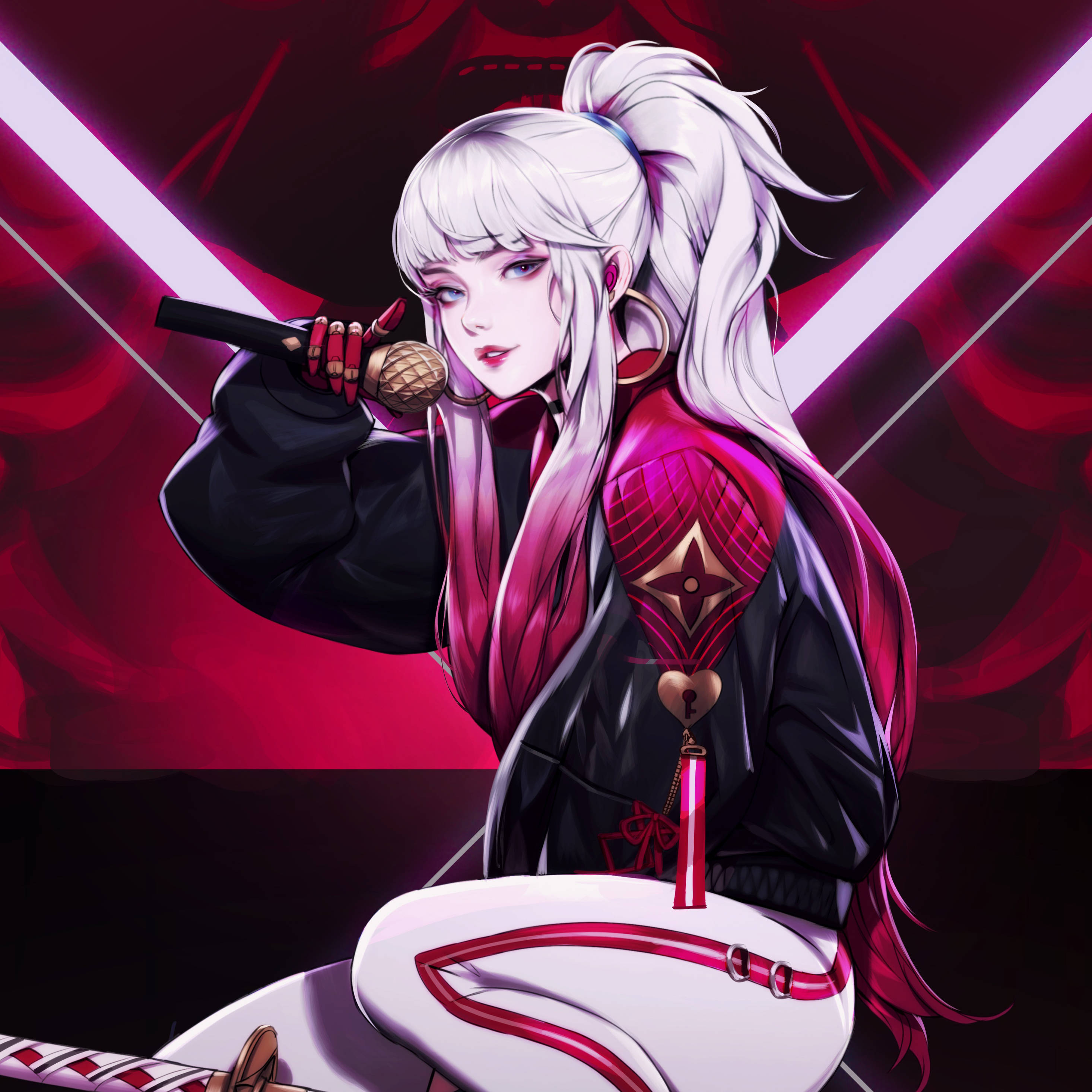 武士 桌布 壁紙 — 一個風格化的動漫女孩，白髮，在發光的紅黑背景前拿著麥克風。