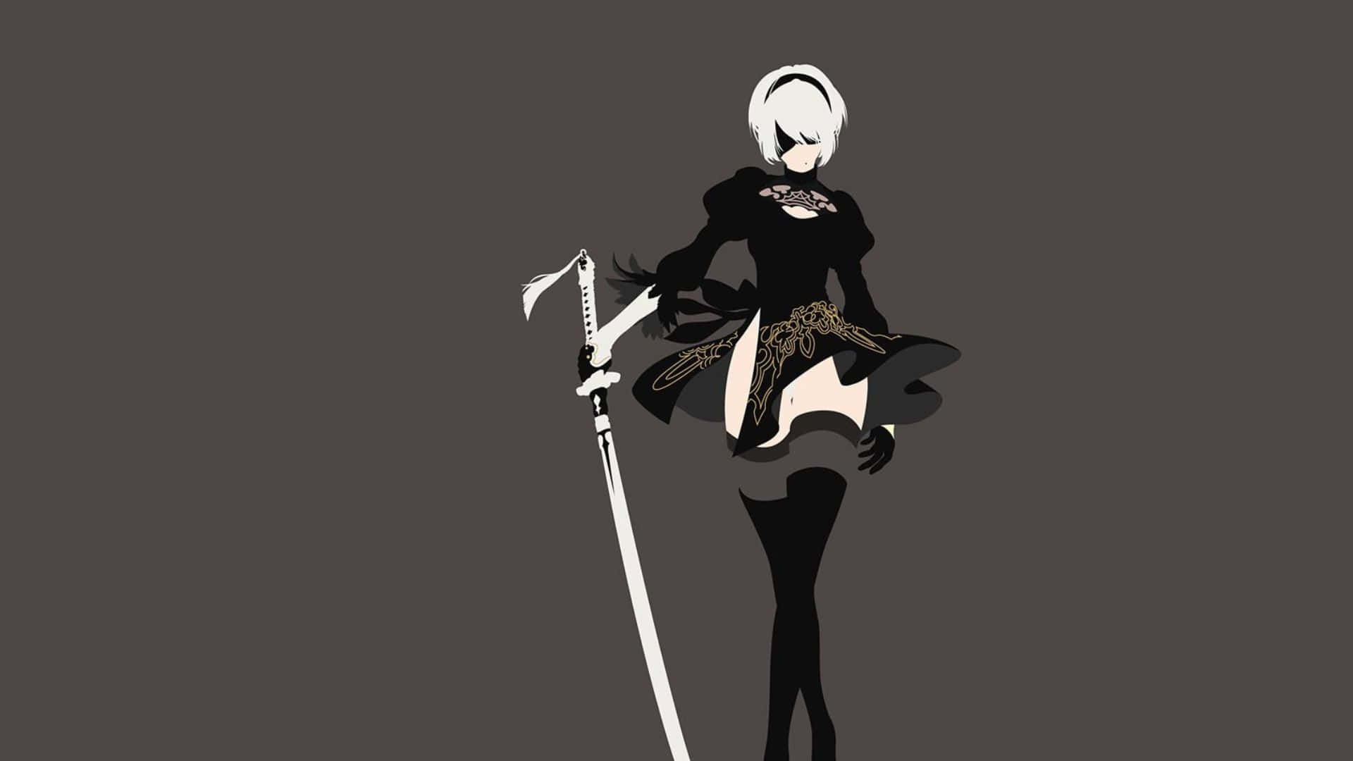 Minimalist Game 桌布 壁紙 — 一個風格化的動漫女孩，白髮黑裝，在純灰色背景前手持長劍。