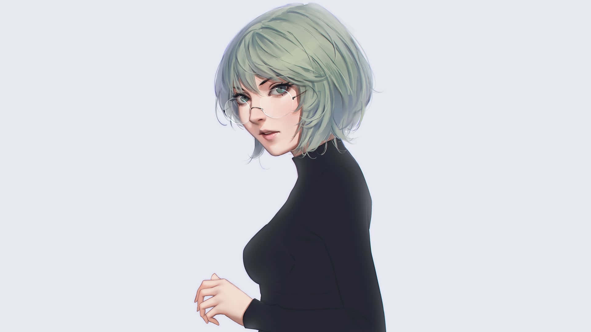 Eto Yoshimura 桌布 壁紙 — 一個風格化的動漫女孩，短薄荷綠頭髮戴眼鏡，穿著簡約黑色上衣，在純淺灰色背景上回頭凝視。