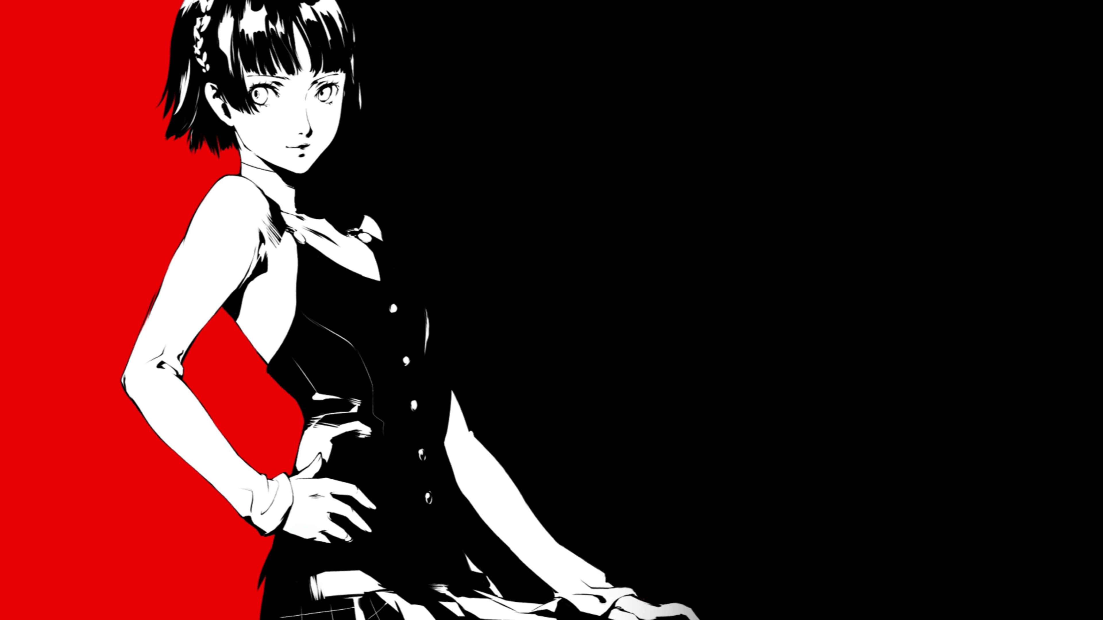 persona 桌布 壁紙 — 一個風格化的動漫女孩，短髮，自信地站在大膽的紅色和黑色背景前。