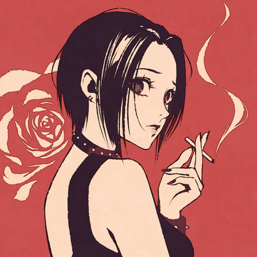 nana 桌布 壁紙 — 一個風格化的動漫女孩，短黑髮，在深紅色背景上抽煙，旁邊有一朵玫瑰。