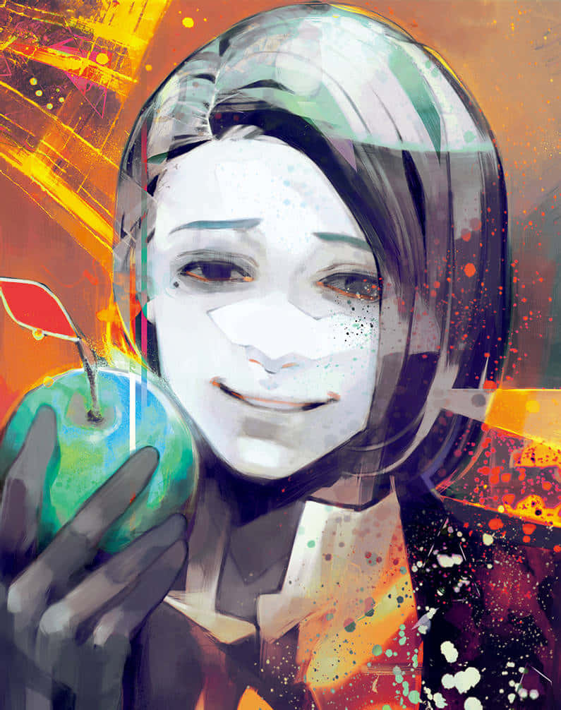 Sui Ishida 桌布 壁紙 — 一個風格化的動漫女孩，短黑髮，手持發光的綠色蘋果，背景是充滿活力的抽象橙色、黃色和紅色潑濺。