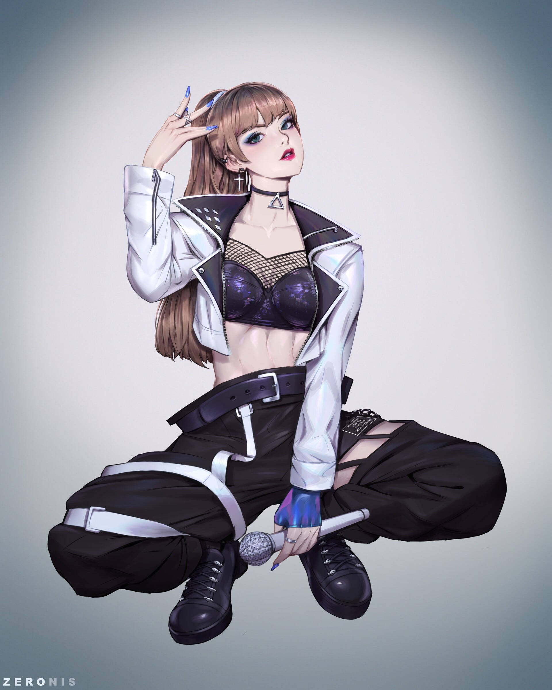 lisa 桌布 壁紙 — 一個風格化的動漫女孩，穿著前衛的白色外套和黑色褲子，跪著拿著麥克風，藍色指甲，眼神自信。