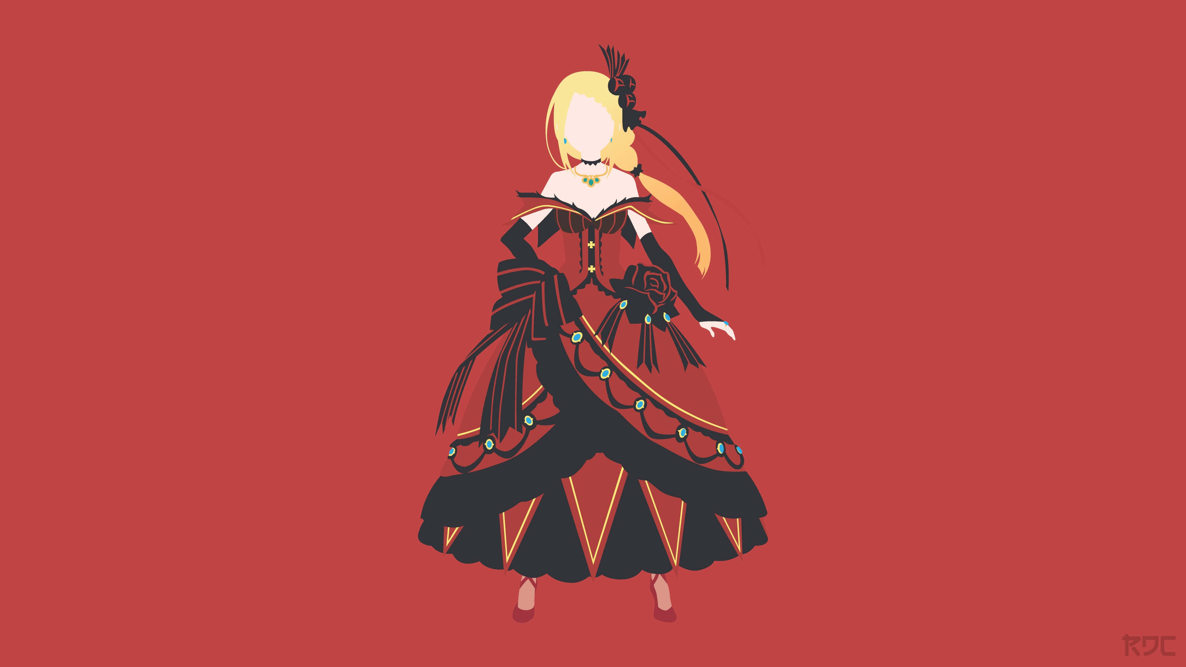 Priscilla Barielle 桌布 壁紙 — 一個風格化的動漫女孩，穿著帶有金色裝飾的黑紅維多利亞式連衣裙，站在純紅色背景前。