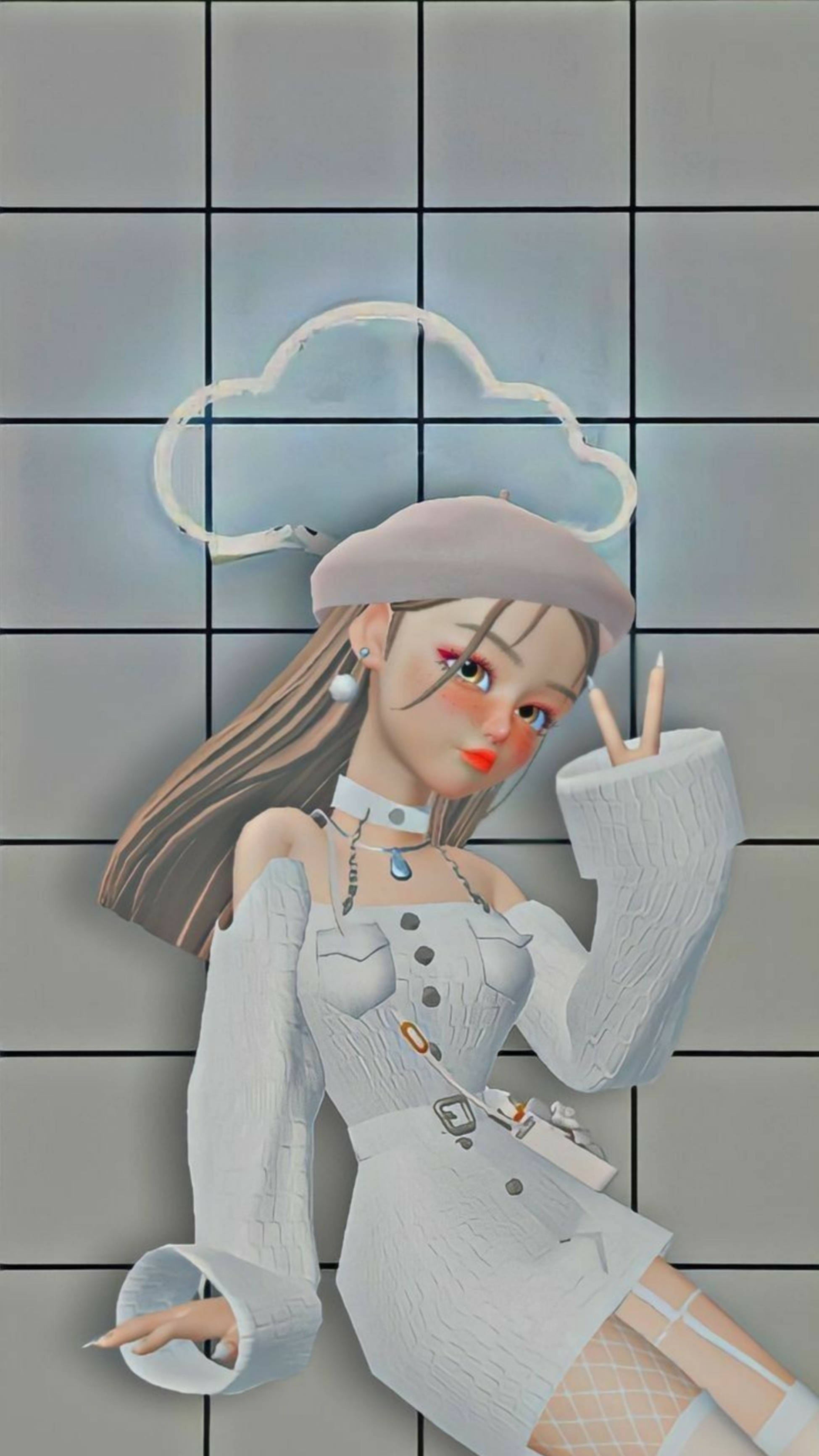 動漫女孩 桌布 壁紙 — 一個風格化的動漫女孩，穿著白色紋理服裝，在瓷磚牆前擺姿勢，頭頂有一個雲朵形狀的配件。