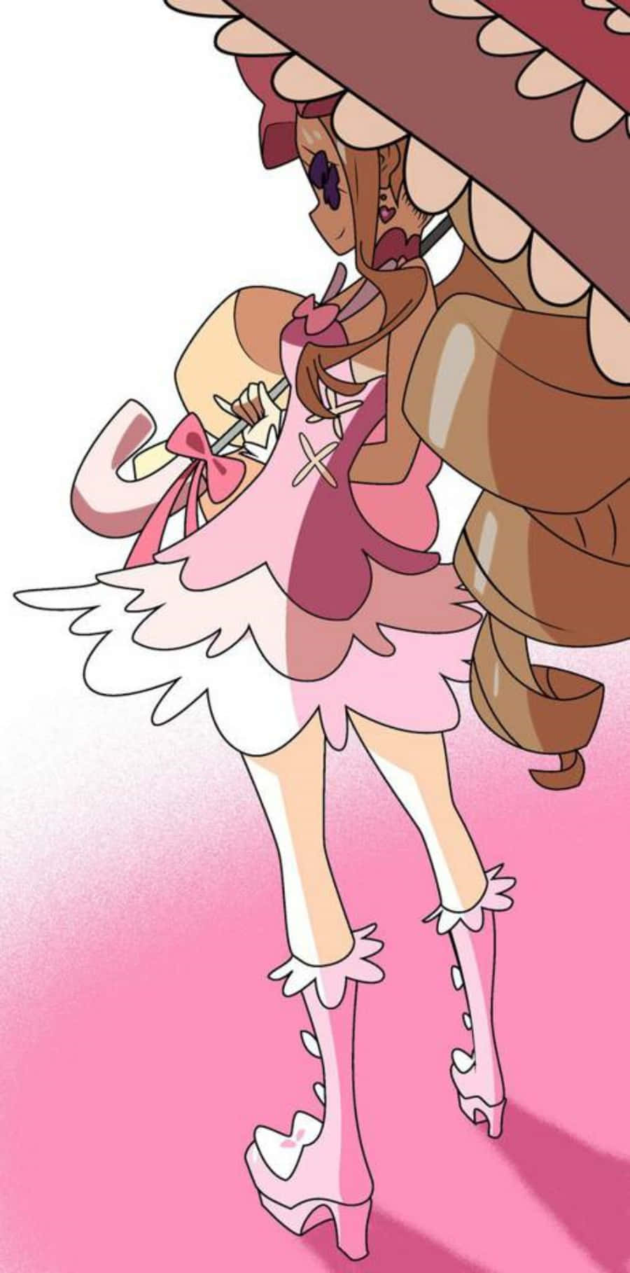 Nui Harime 桌布 壁紙 — 一個風格化的動漫女孩，穿著粉紅色連衣裙和高跟鞋，站在一個巨大的棕色雨傘下，背景是柔和的粉紅色漸變。