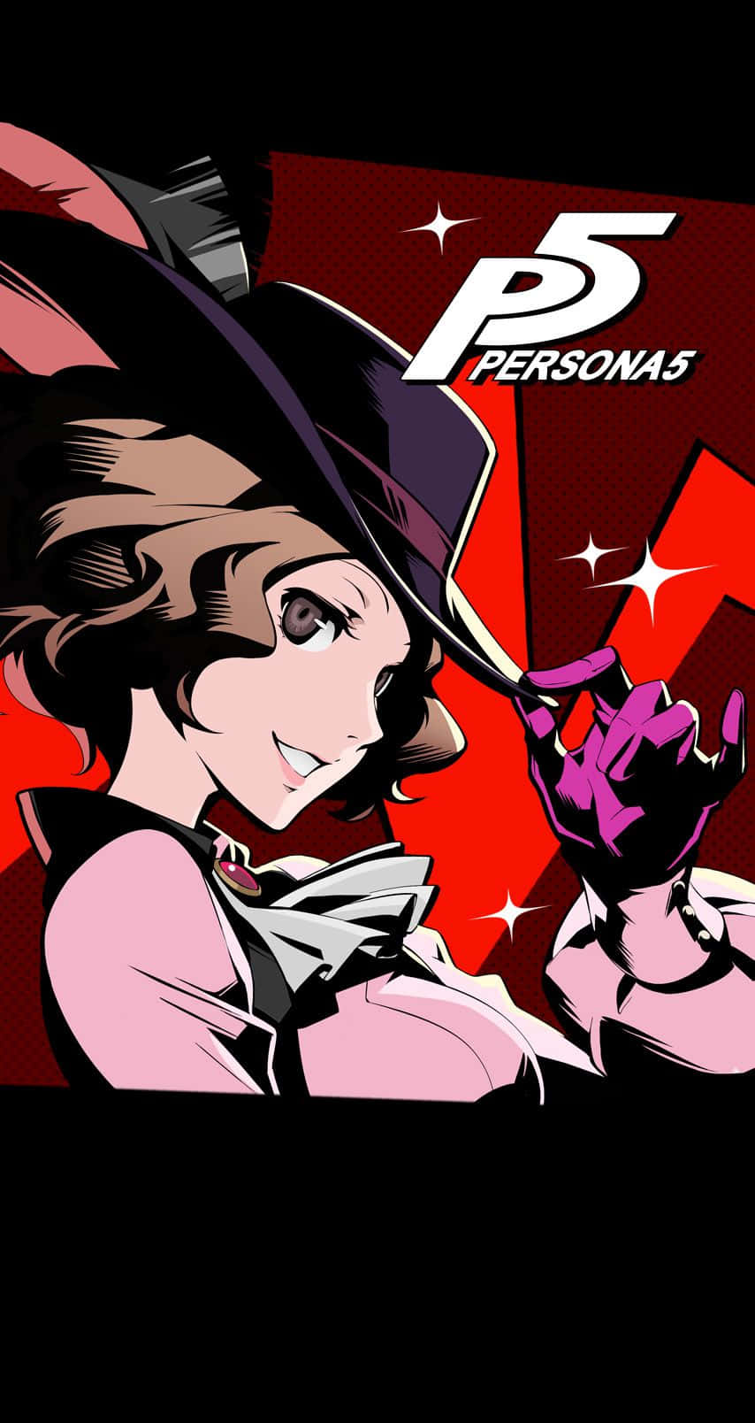 persona 桌布 壁紙 — 一個風格化的動漫女孩，穿著粉紅色西裝和帽子，眨眼並握著發光的紫色手，背景是鮮明的紅色，帶有 Persona 5 標誌。