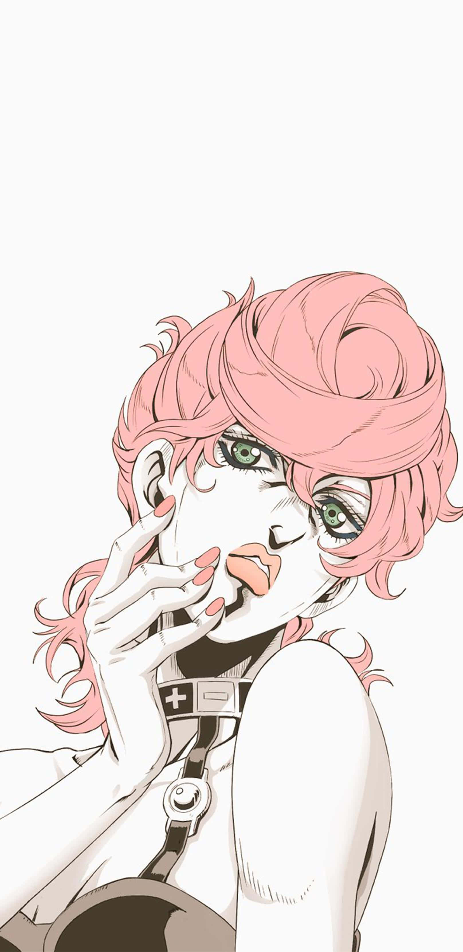 Trish Una 桌布 壁紙 — 一個風格化的動漫女孩，粉紅色頭髮和綠色眼睛，在純色背景前將手靠近臉部擺姿勢。
