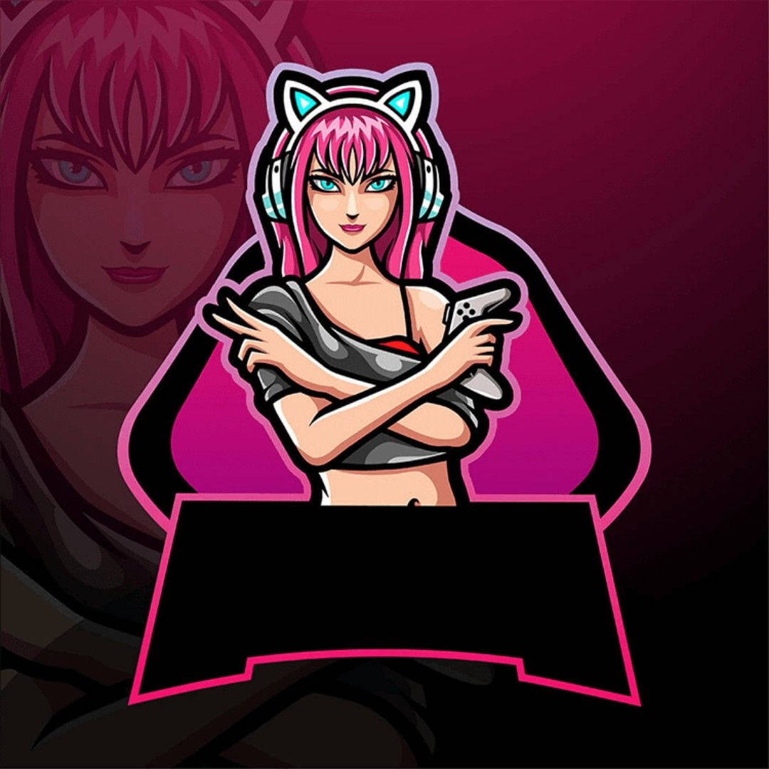 Gamer Logo 桌布 壁紙 — 一個風格化的動漫女孩，粉紅色頭髮和貓耳朵，自信地拿著遊戲控制器，背景是充滿活力的洋紅色。