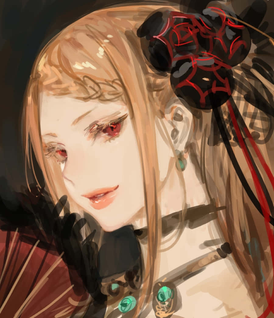 Priscilla Barielle 桌布 壁紙 — 一個風格化的動漫女孩，紅眼睛，金髮，飾有黑紅花飾，在黑暗背景下溫柔地凝視。