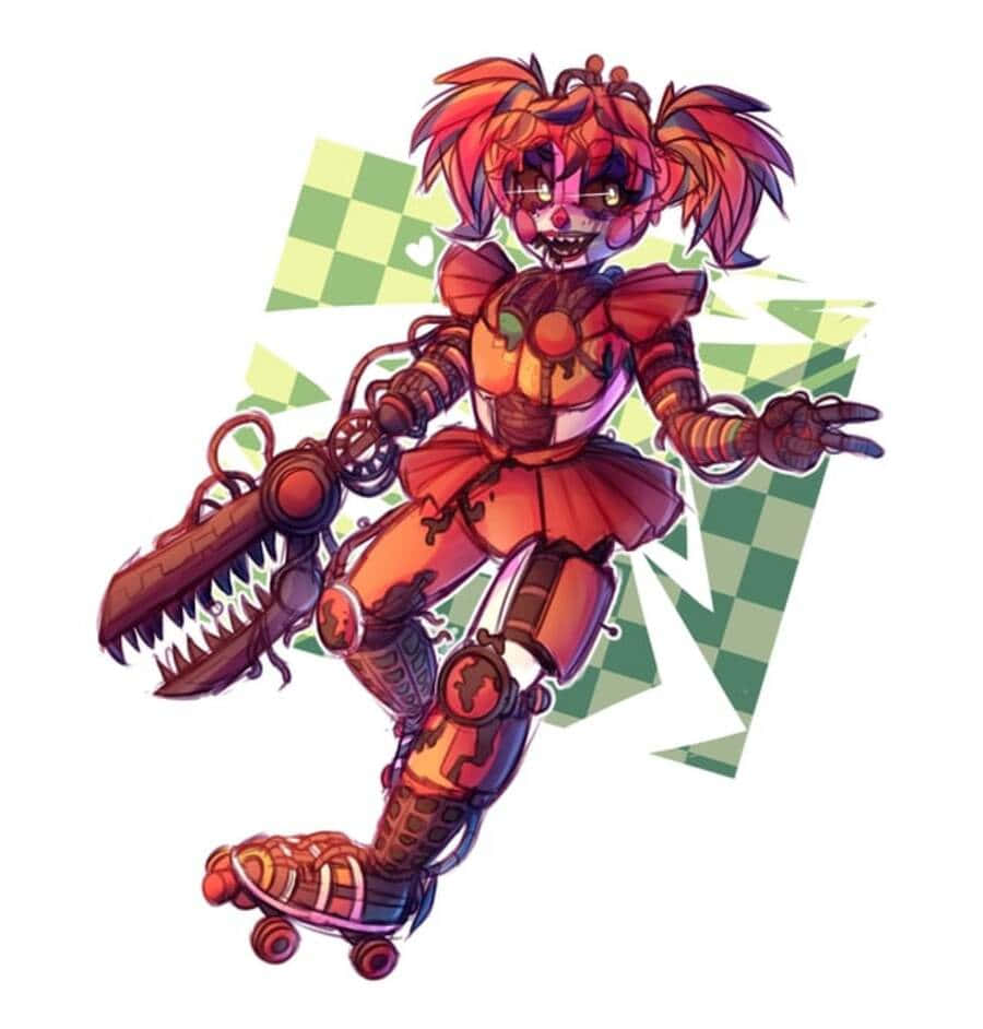Scrap Baby 桌布 壁紙 — 一個風格化的動漫女孩，紅色雙馬尾和機械爪，在綠色格子背景上穿著溜冰鞋。