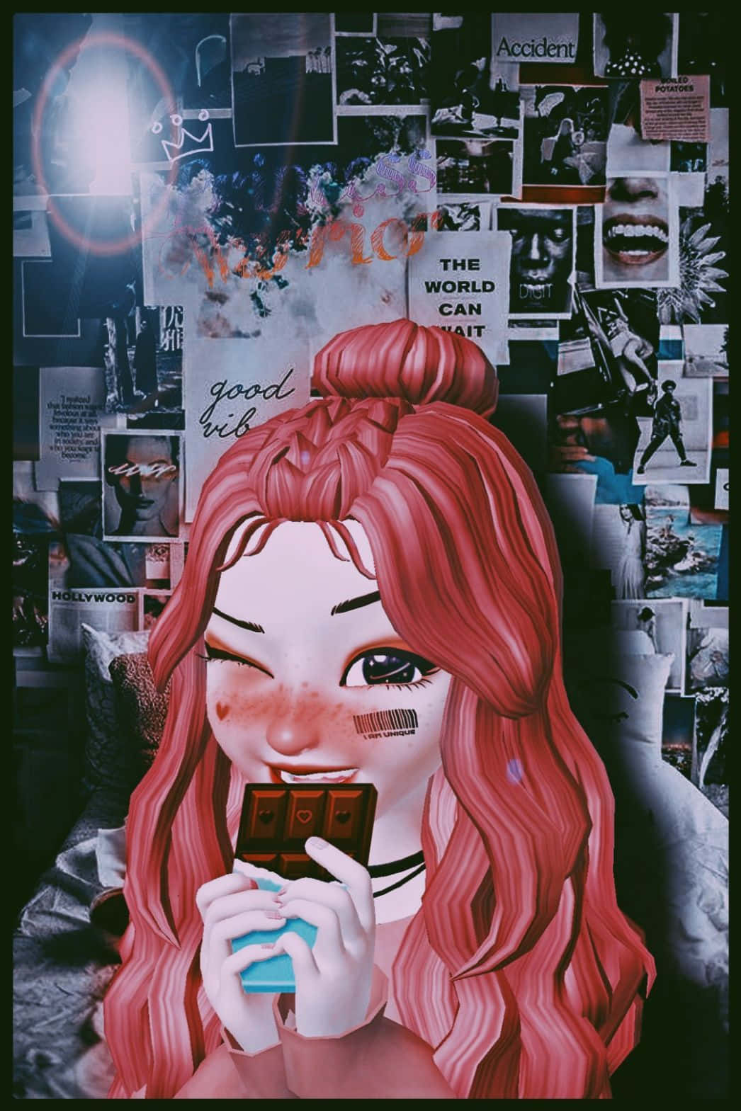Zepeto 桌布 壁紙 — 一個風格化的動漫女孩，紅髮和條碼紋身，咬著巧克力棒，背景是照片和語錄的拼貼牆。