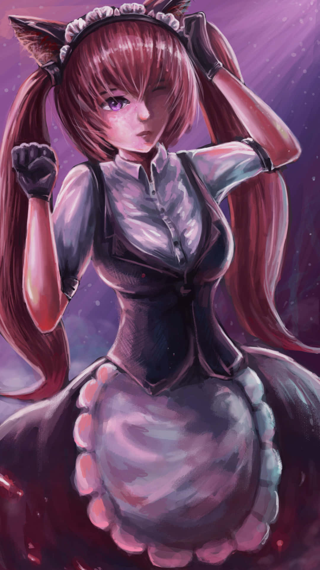 Faris Nyannyan 桌布 壁紙 — 一個風格化的動漫女孩，紅髮貓耳，穿著女僕裝，在發光的紫色背景前自信地擺姿勢。