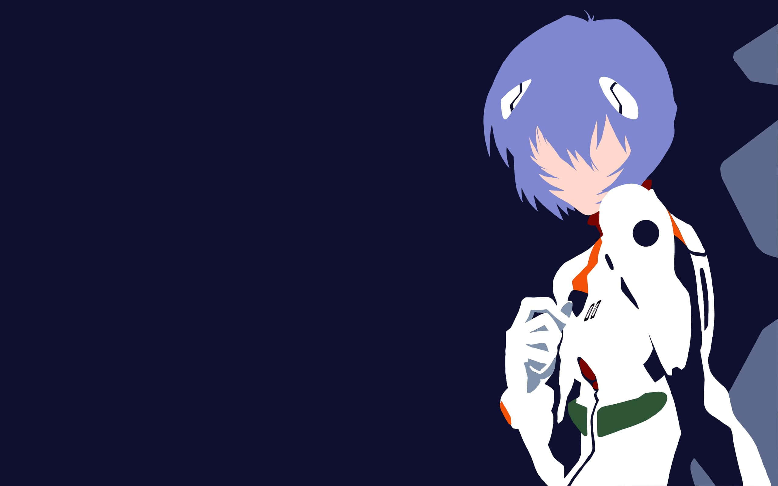 rei ayanami 桌布 壁紙 — 一個風格化的動漫女孩，紫色頭髮，白色套裝，站在深藍色空間中，雙手在胸前交握。