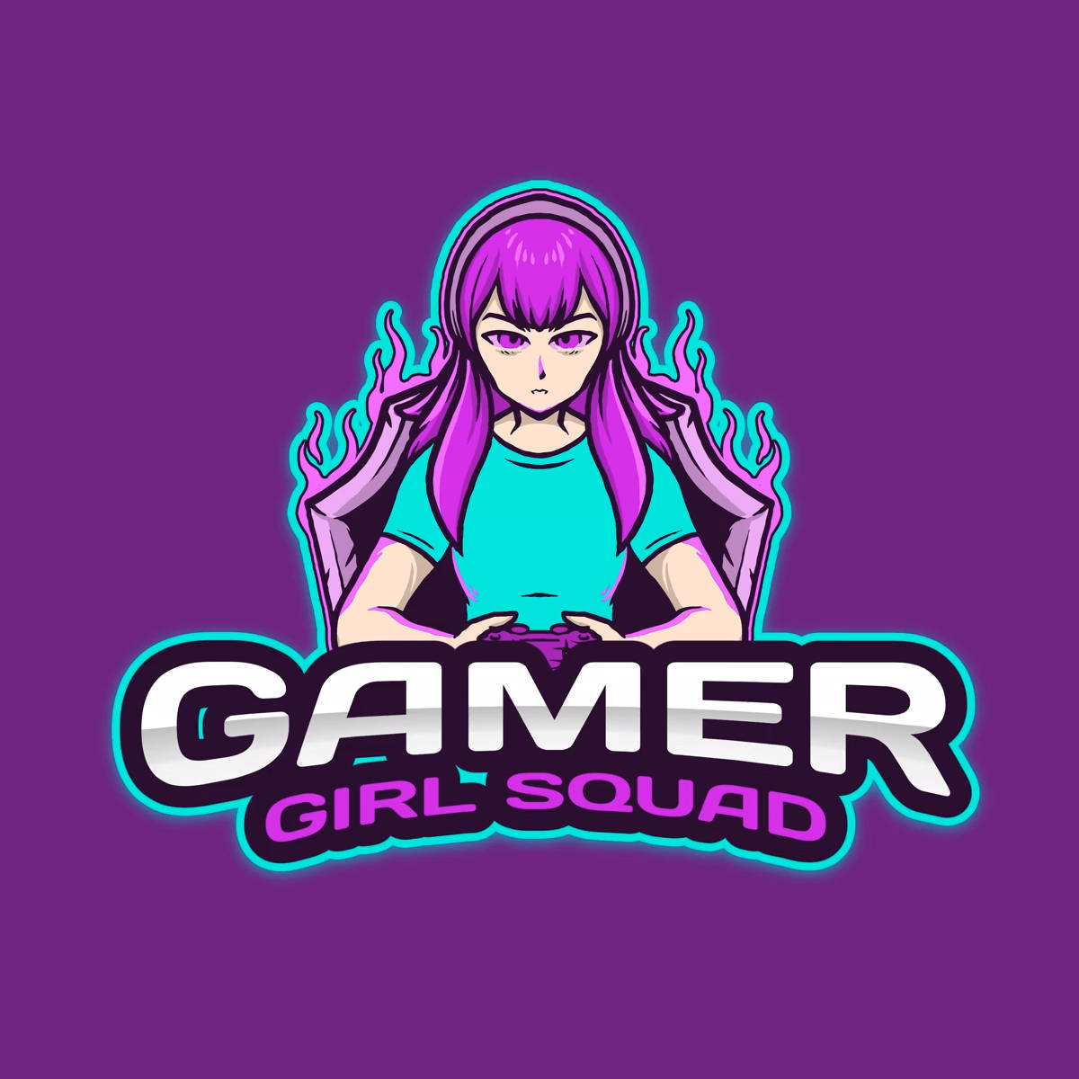 Gamer Logo 桌布 壁紙 — 一個風格化的動漫女孩，紫色頭髮和發光的眼睛，專注地坐著，手持遊戲控制器，背景是鮮豔的紫色。