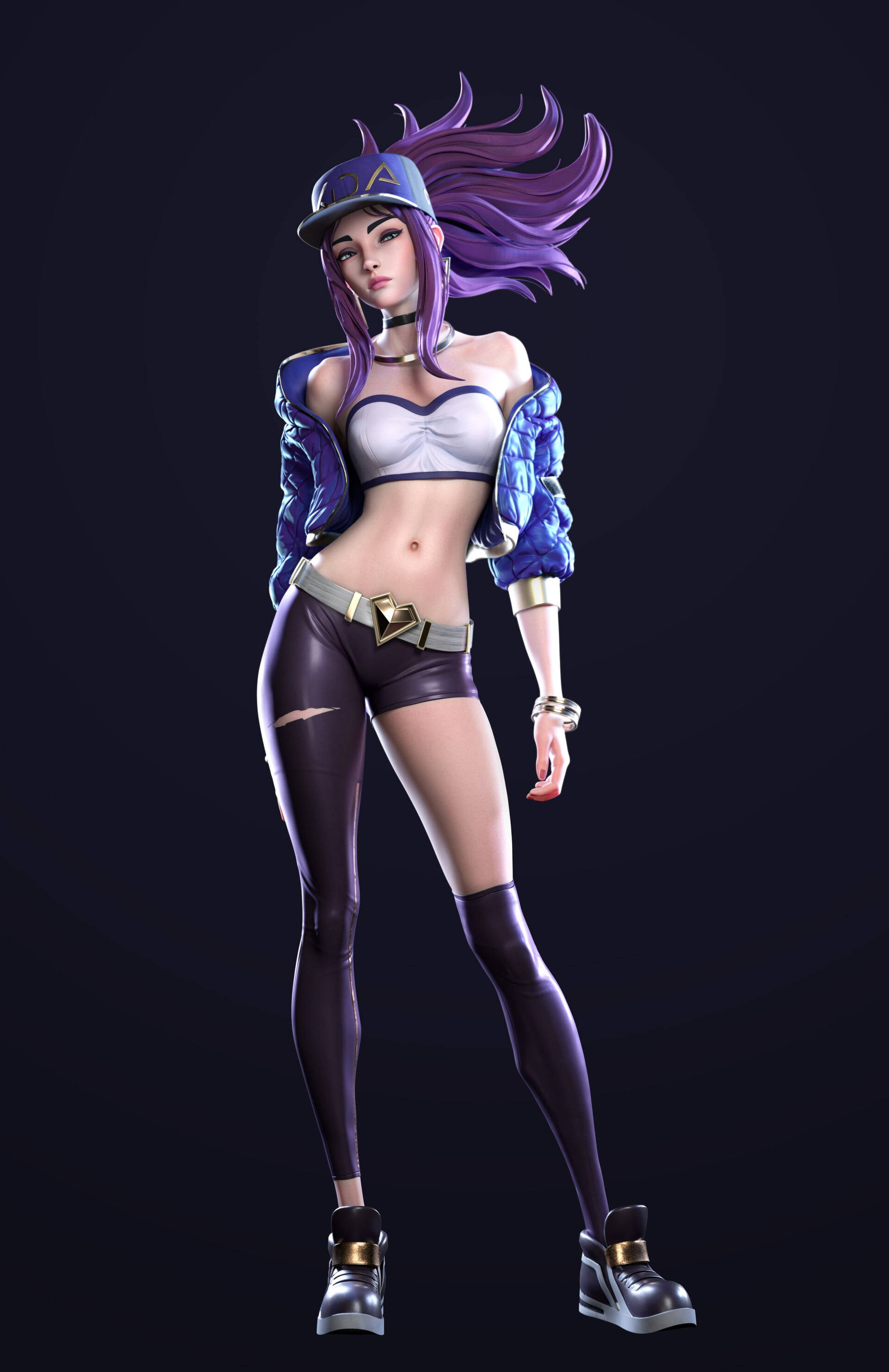 Legends 桌布 壁紙 — 一個風格化的動漫女孩，紫色頭髮和帽子，穿著未來主義服裝在黑暗背景前自信地擺姿勢。