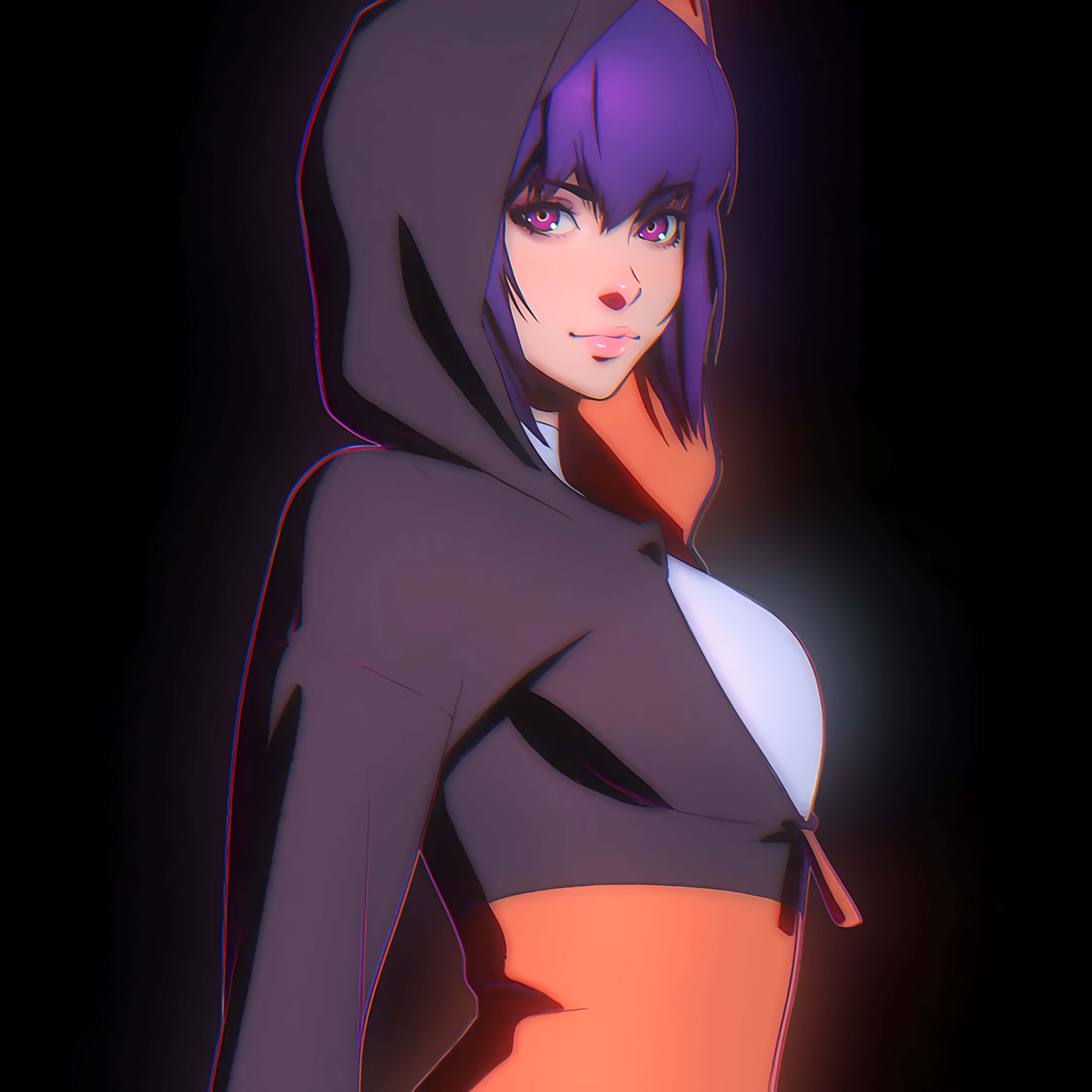 Motoko Kusanagi 桌布 壁紙 — 一個風格化的動漫女孩，紫色頭髮和發光的眼睛，穿著深色連帽衫，背景為黑色，帶有霓虹輪廓。