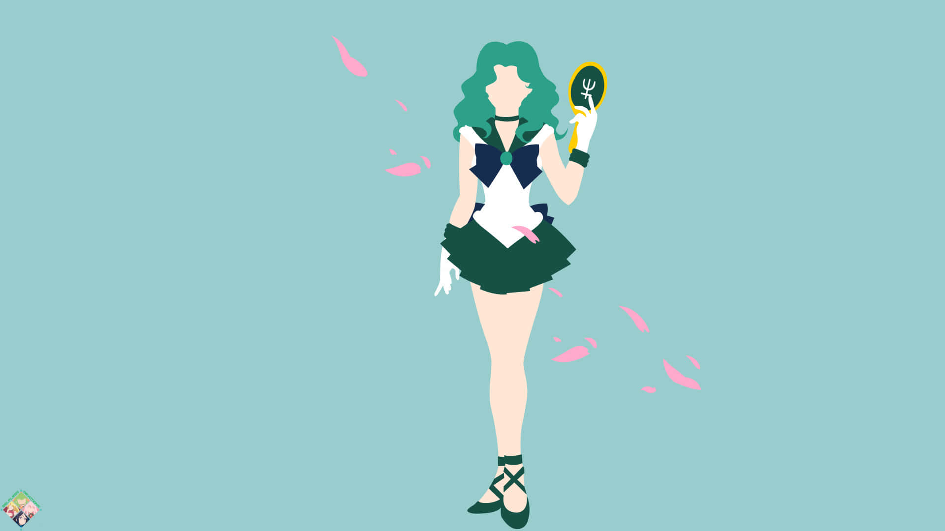 sailor neptune 桌布 壁紙 — 一個風格化的動漫女孩，綠色頭髮，穿著水手服，拿著一面鏡子，粉紅色花瓣在她周圍飄浮，背景是青綠色。