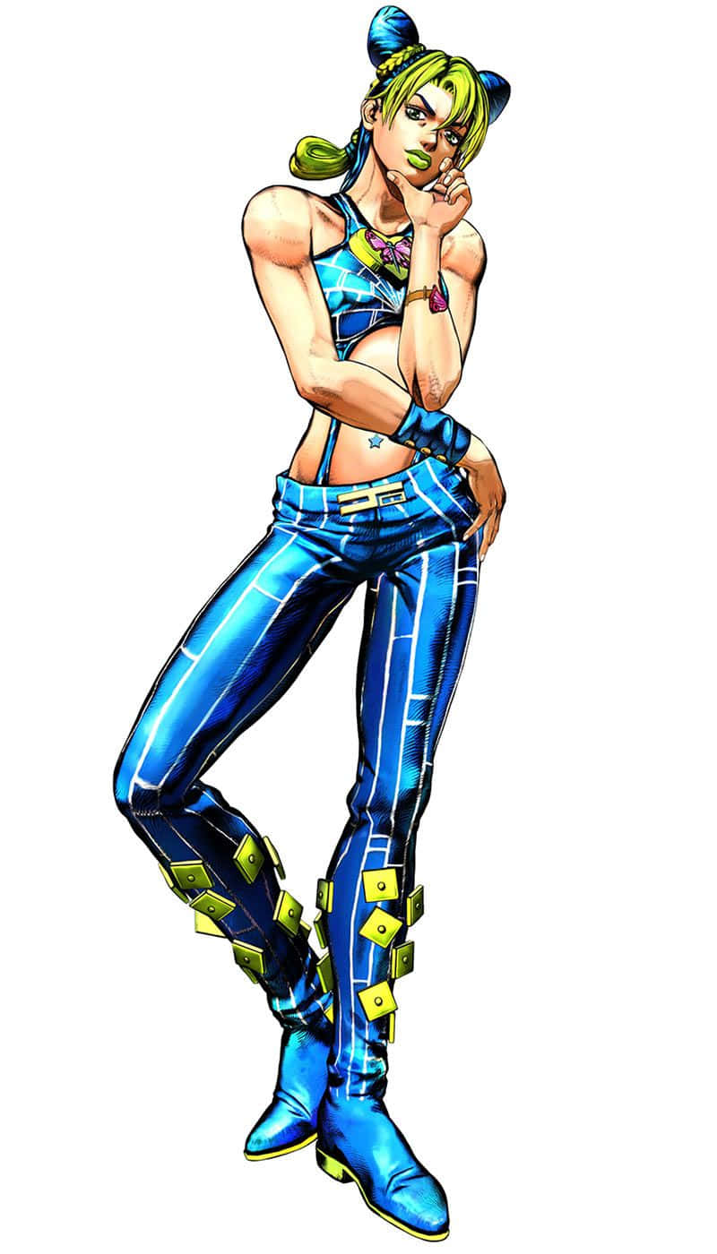 Jojo Pose 桌布 壁紙 — 一個風格化的動漫女孩，綠色頭髮和藍色服裝，在白色背景前自信地擺姿勢。