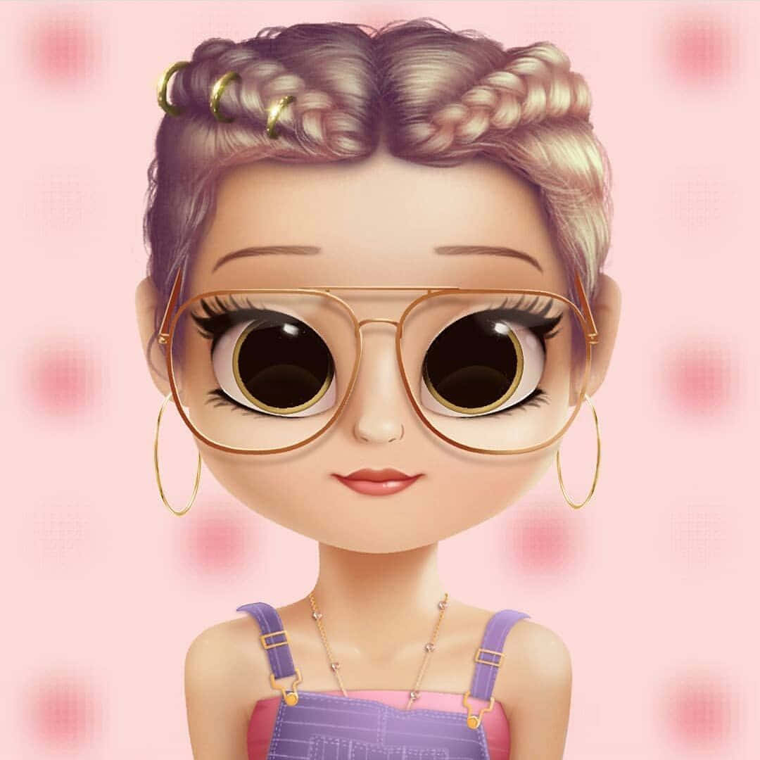 Cute Animations 桌布 壁紙 — 一個風格化的動漫女孩，編著辮子，戴著金色耳環和大框眼鏡，在柔和的粉紅色背景上微笑。