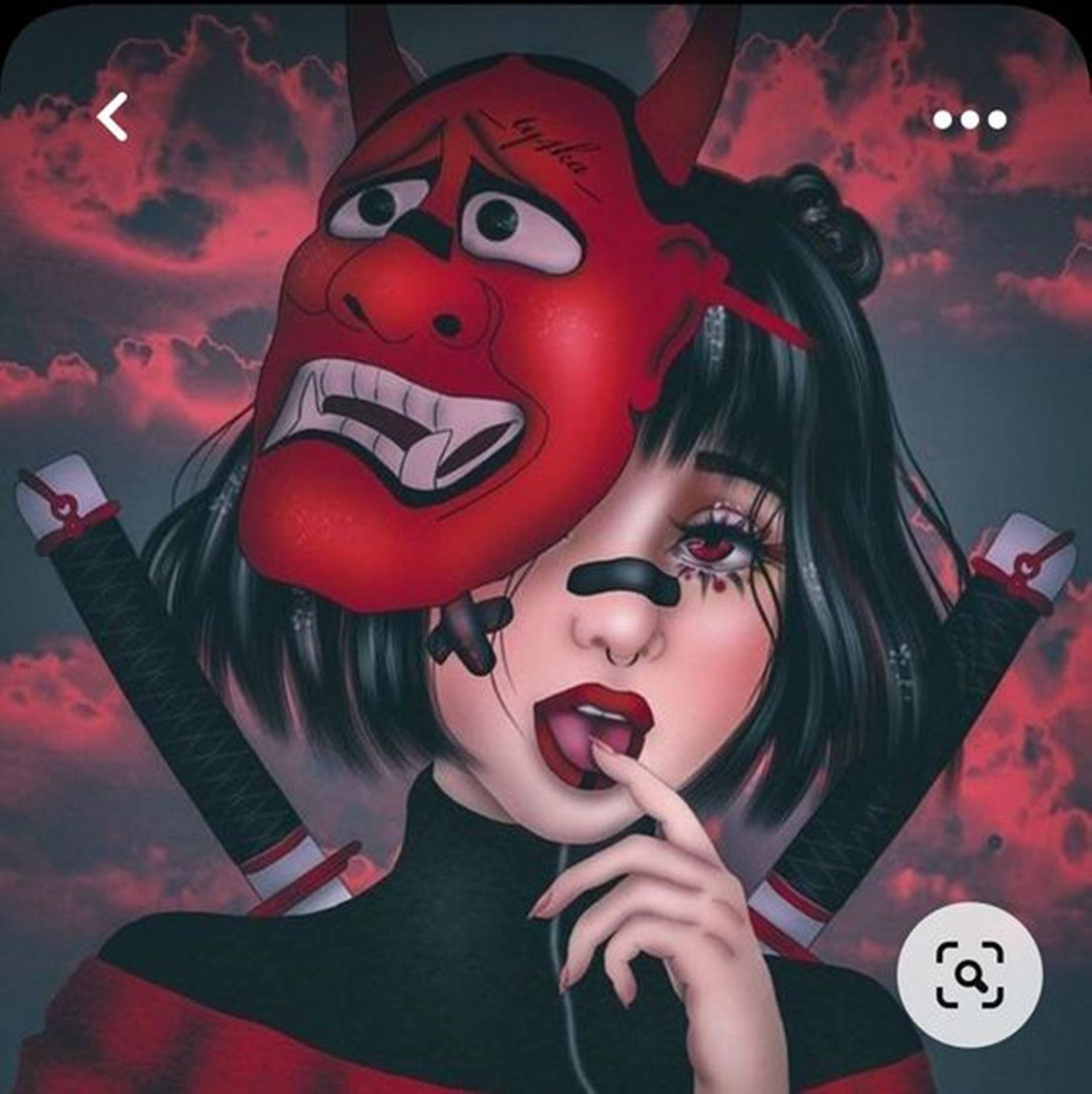 惡魔 桌布 壁紙 — 一個風格化的動漫女孩，臉上戴著紅色惡魔面具，手持兩把劍，背景是火紅的天空。