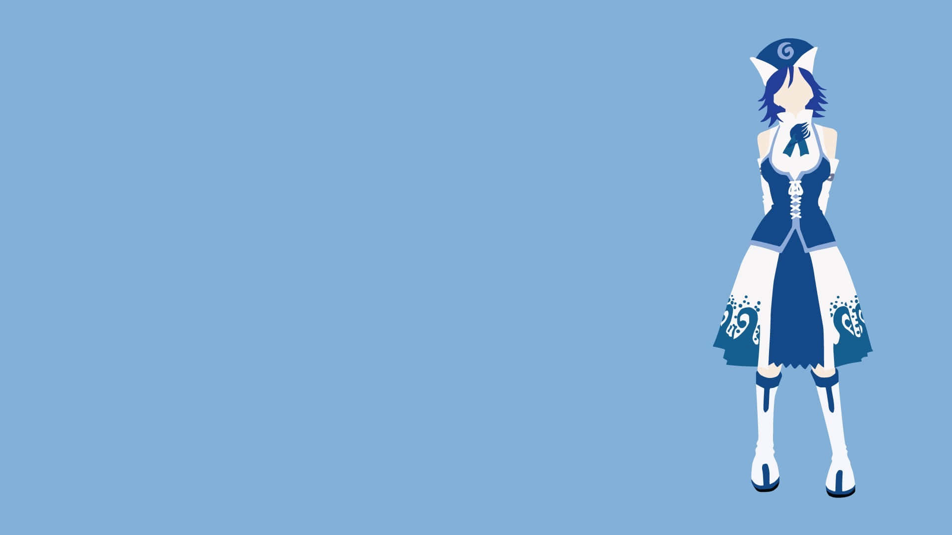 juvia lockser 桌布 壁紙 — 一個風格化的動漫女孩，藍色頭髮和耳朵，穿著藍白相間的連衣裙，站在純淺藍色背景前。