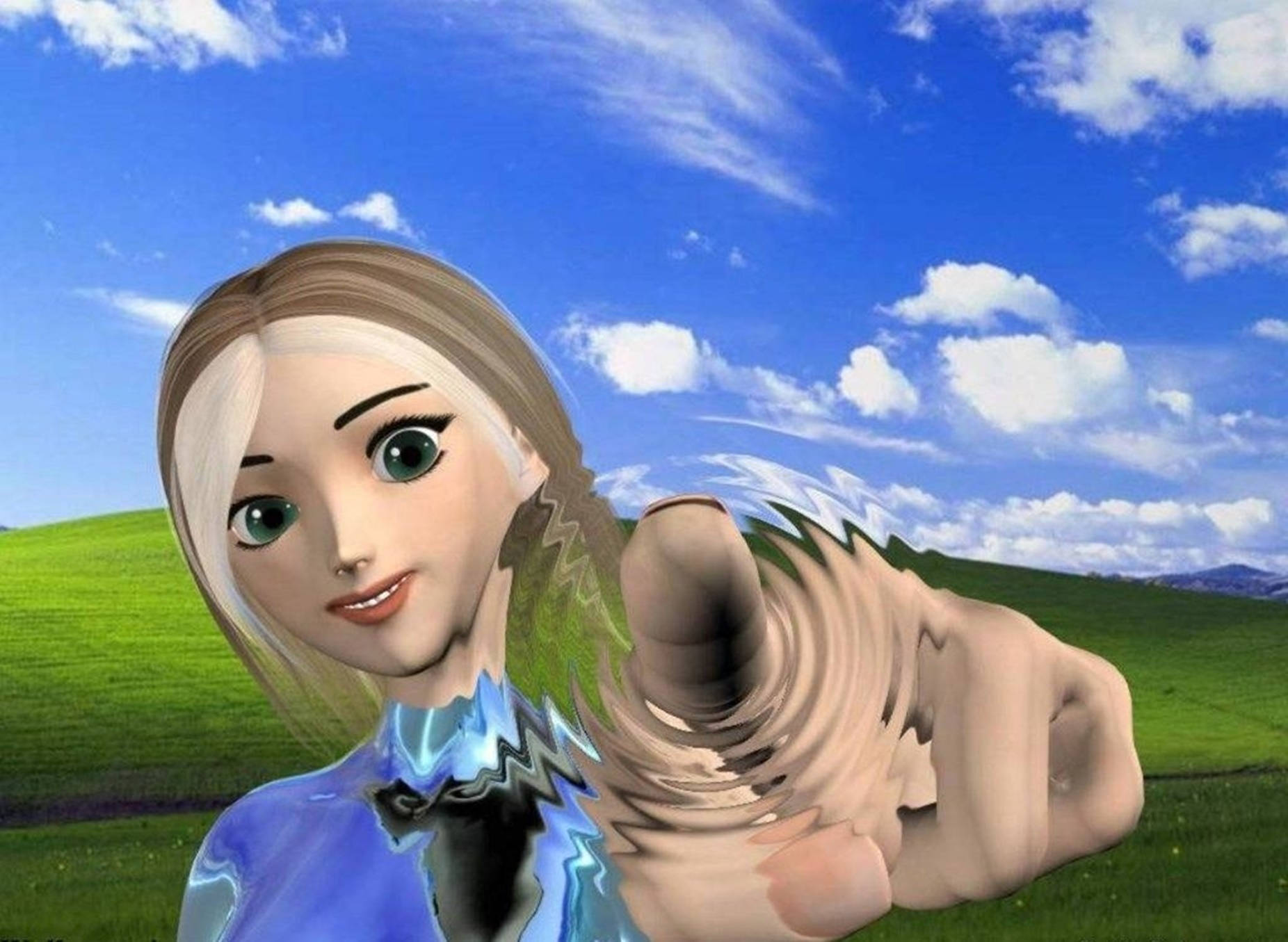 3D 桌布 壁紙 — 一個風格化的動漫女孩，金髮，在明亮的藍天和綠色山丘前向前指。