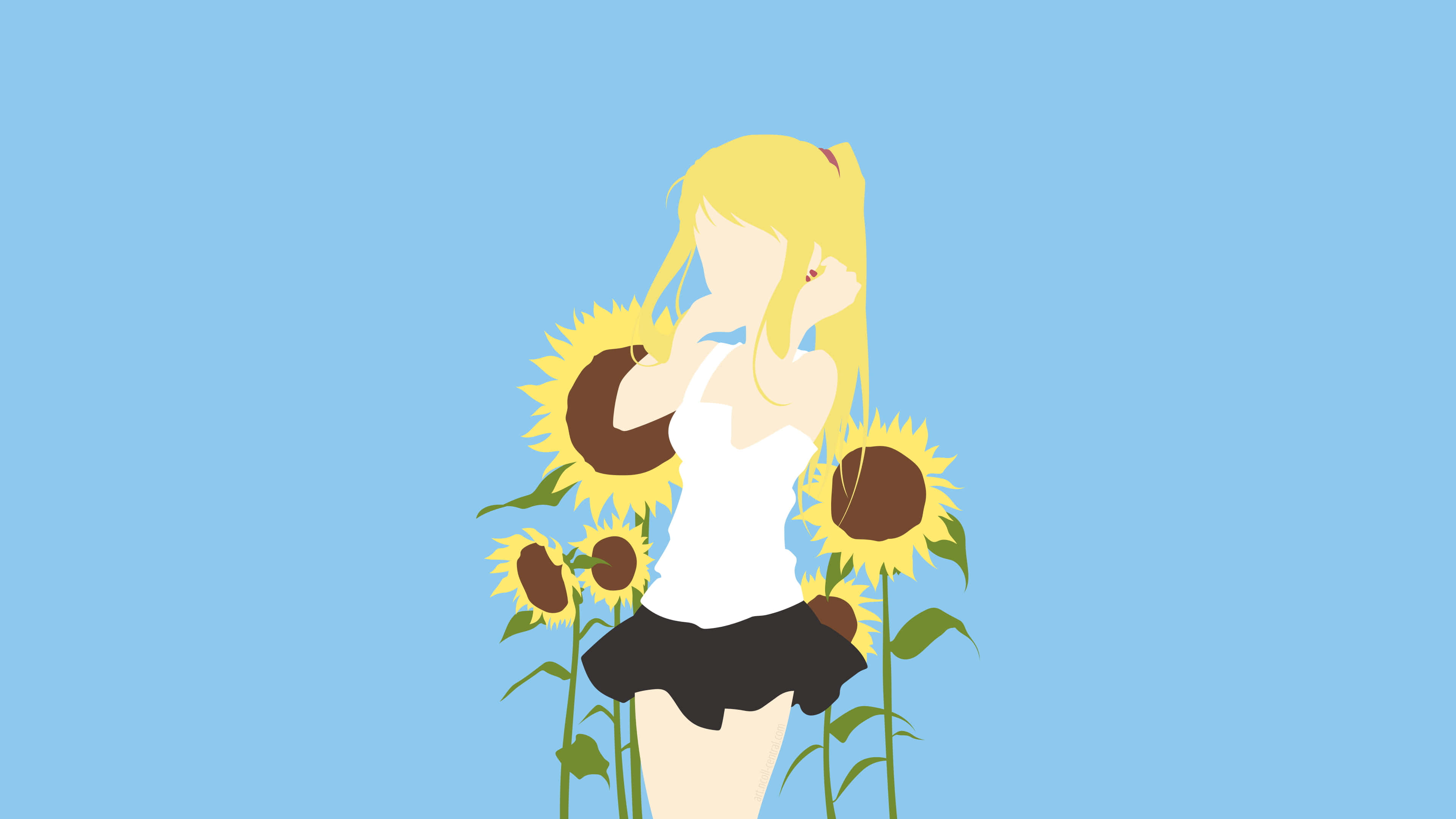 Winry Rockbell 桌布 壁紙 — 一個風格化的動漫女孩，金髮，站在高大的向日葵中，背景是清澈的藍天。