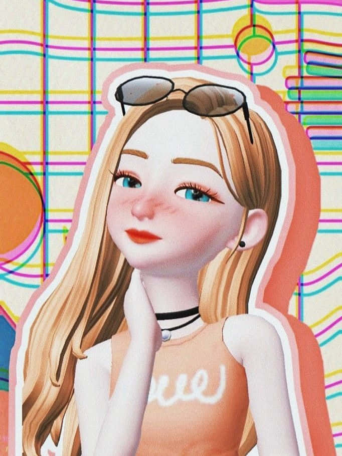 Zepeto 桌布 壁紙 — 一個風格化的動漫女孩，金髮和太陽眼鏡擱在頭上，在充滿活力的幾何背景前溫柔微笑。