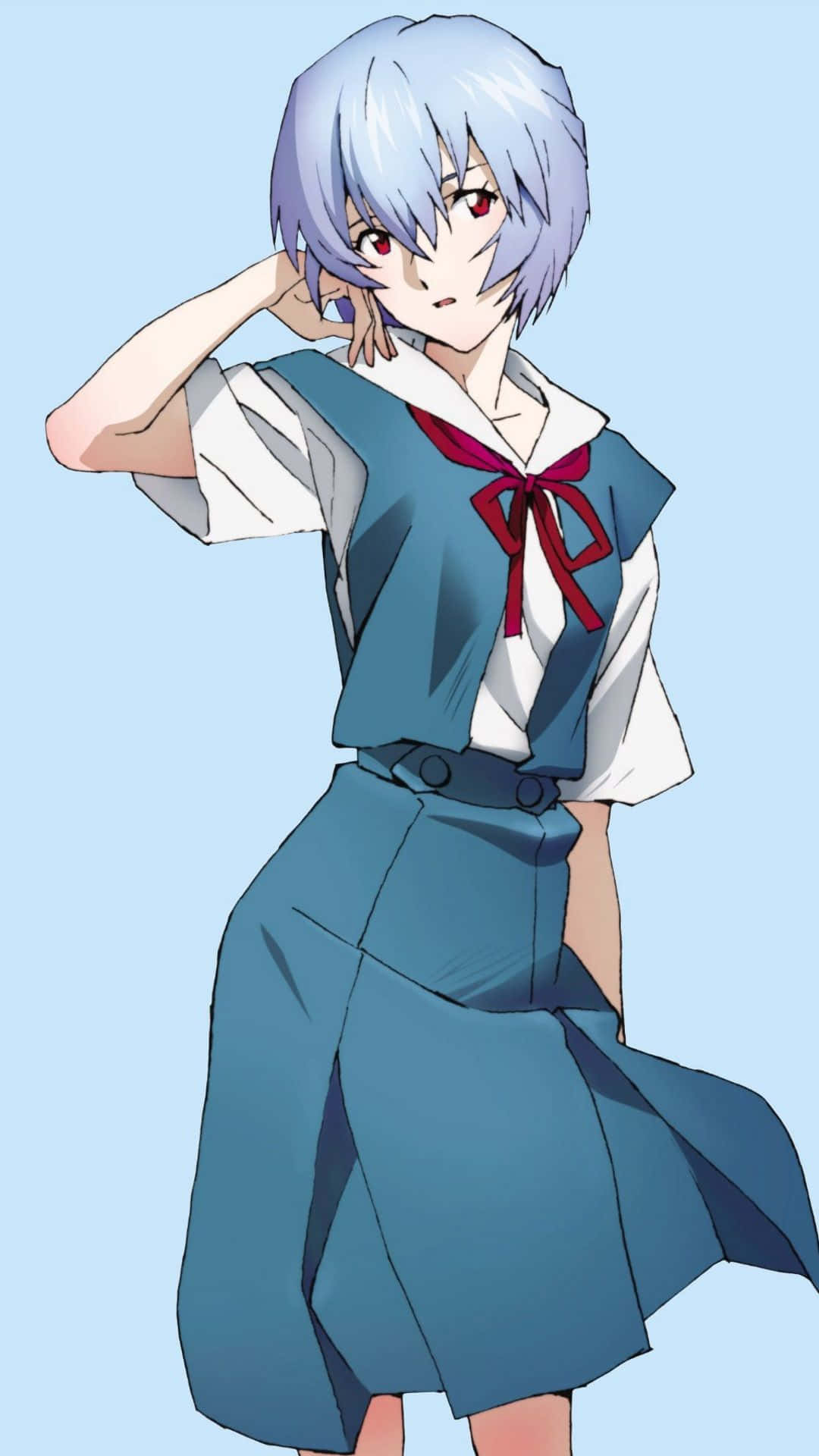 rei ayanami 桌布 壁紙 — 一個風格化的動漫女孩，銀色頭髮和紅色眼睛，穿著藍色校服，在柔和的淺藍色背景前自信地擺姿勢。