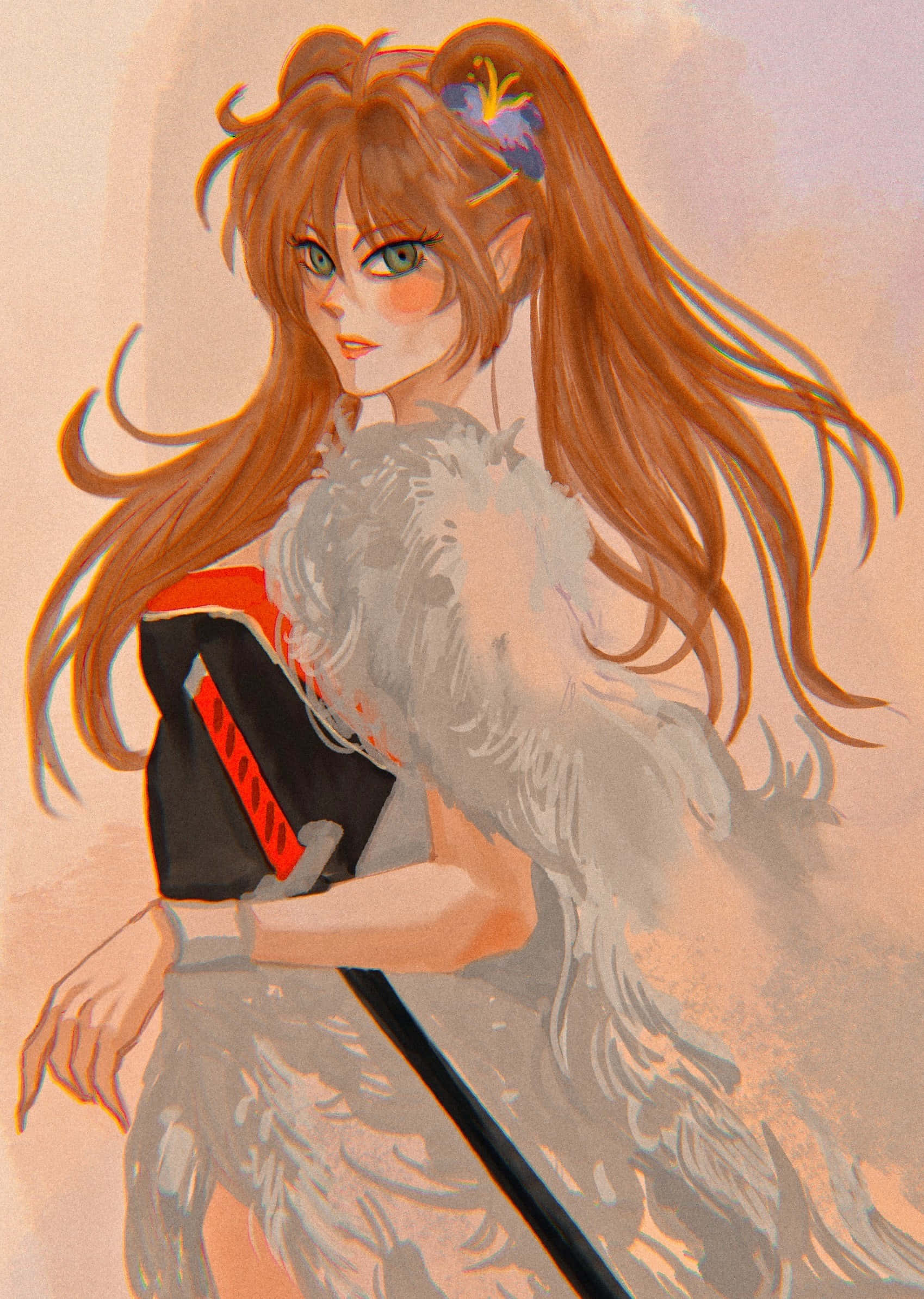 Inuyasha Ayame 桌布 壁紙 — 一個風格化的動漫女孩，長著橙色長髮和綠色眼睛，穿著羽毛服裝，在柔和的粉彩背景前手持劍。