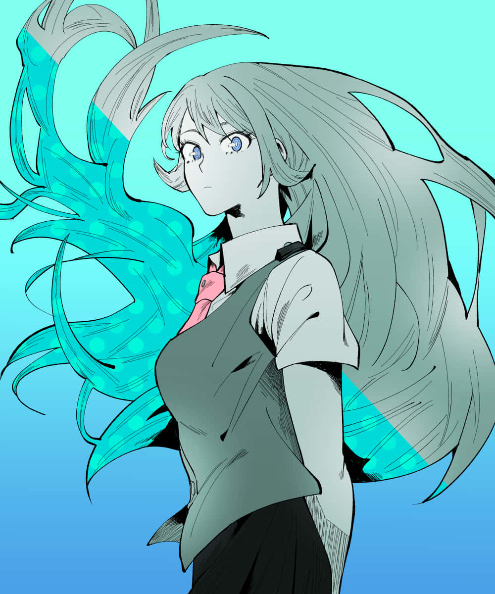 Nejire Hado 桌布 壁紙 — 一個風格化的動漫女孩，長著銀色長髮和藍色眼睛，穿著校服，背景是漸變青綠色。